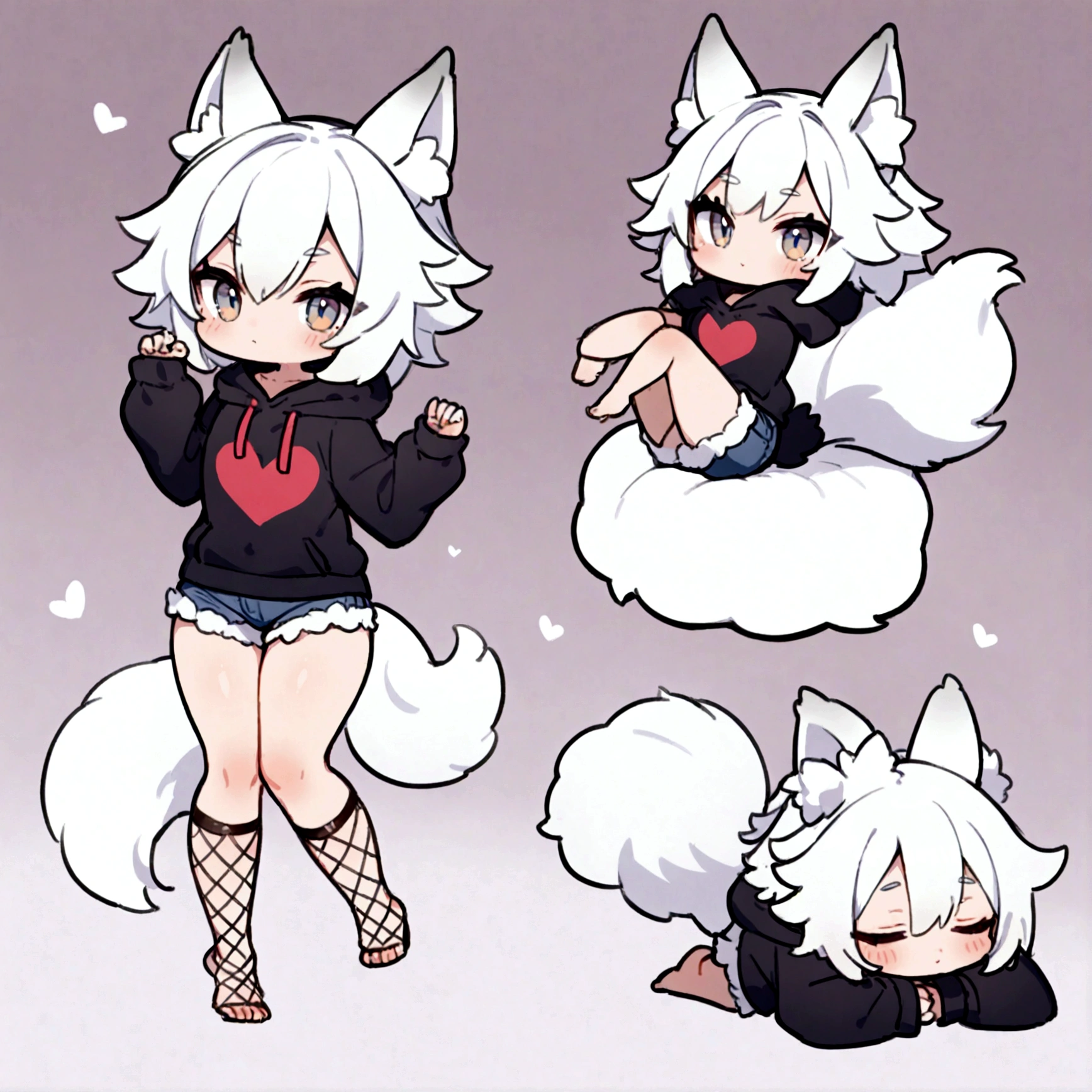 a cute chibi style adult male with wolf ears, white hair, has a wolf tail, wearing a loose cropped oversized black hoodie, wearing a pair of denim short shorts and fishnet stockings, thick thighs, wide hips, relaxing on mound of fluffy animal plushies, short, very slim, showing slender tummy, stretching out, heart on hoodie, squishy thighs