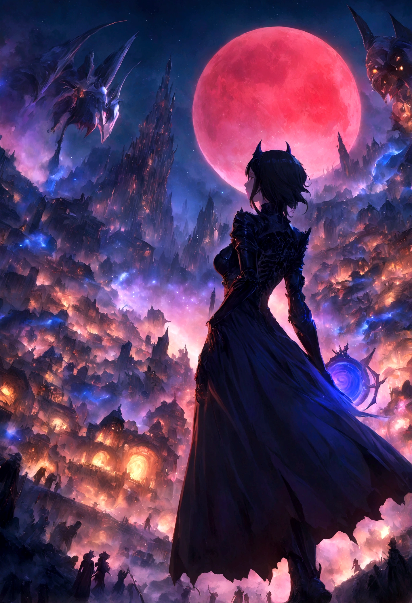 phonk, phonk, dark fantasy art, original, woman standing with her back turned, nightmare, city at night with full moon, festival where devils gather, DJ inspires everyone, skeleton, devil, at night, moon is big is, vampire, lunar city, moonwalker, metropolis movie ,Dracula,vampire,underworld,gives a sense of beauty and mystery,beautiful and aesthetic,anime, lofiart, anime picture, nightcore, anime art wallpaper 4k, anime art wallpaper 4 , beautiful fantasy anime, futuristic city, space and starry sky, girl looking at the sky, anime art wallpaper 4k, anime art wallpaper 8k, anime fantasy artwork, anime style 4k, ultra hd anime wallpaper,brightly colored screen