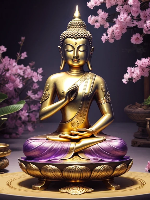 (Buddhist paradise、Gold Dust、Silver、Ruri、agate、Several large purple crystals)、Kannon Bodhisattva、Amitabha is coming、Detailed eyes、Detailed face、Detailed nose、Detailed ears、Golden aura shining、白Silver色の明るい世界、Flowers are blooming all over the place、Seated on a lotus pedestal、Official artwork、(masterpiece、highest quality、High resolution、8k)、The composition is excellent、