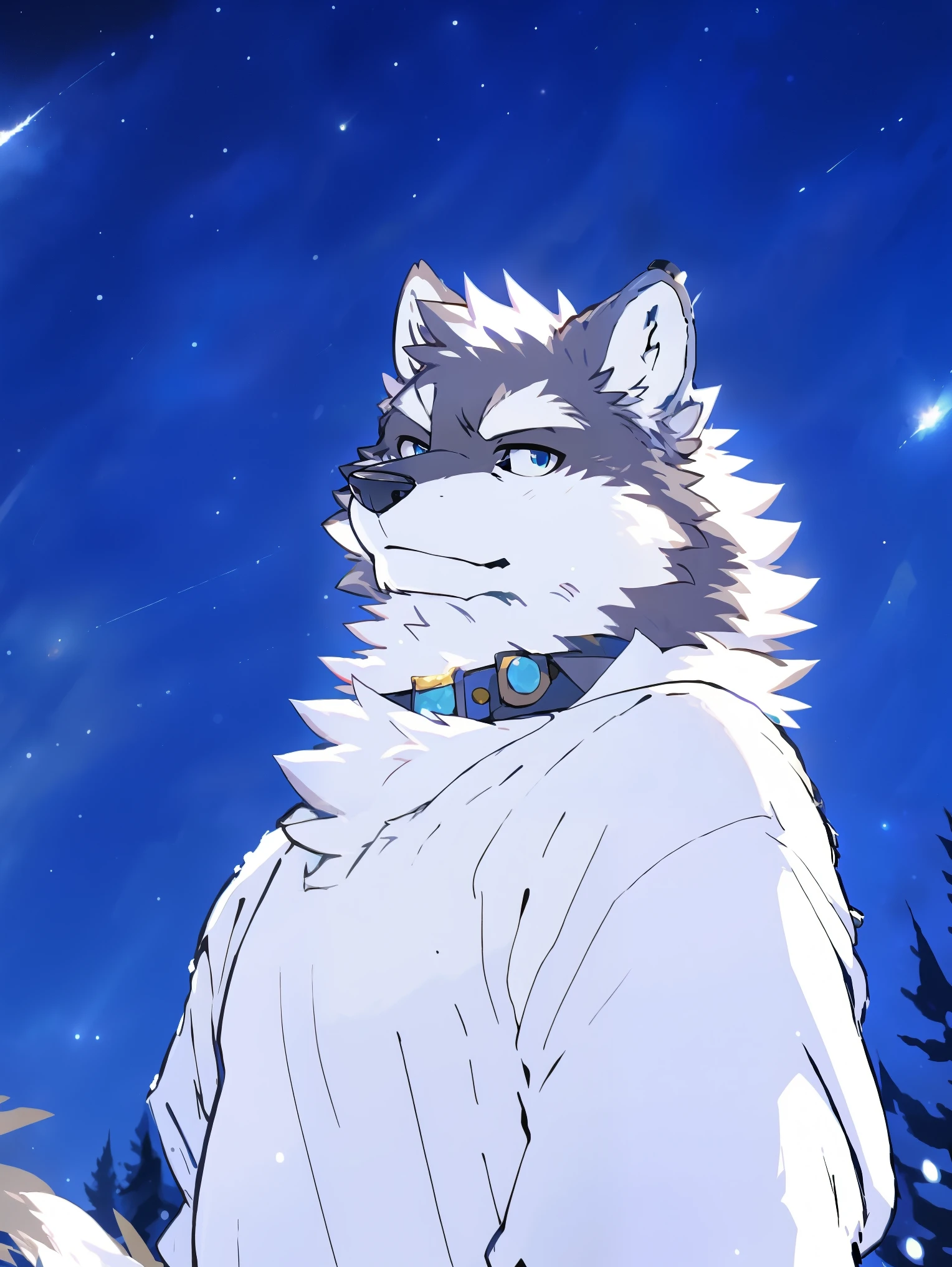 (((all white fur:1.5))), solo, Perfect sky blue eyes, Spike Collar, (artist:Takemoto Arashi), Mature face, elder, longeyelashes, Wearing a very loose oversized white shirt|Black pants, Thin and tall figure, ((A snow wolf looking at the starry sky)), Reveal most of the background, Warm scene, Romantic atmosphere, Look at the stars, meteor, panorama, wide shot, best quality, UHD, super detail, high details, anatomically correct, 8k