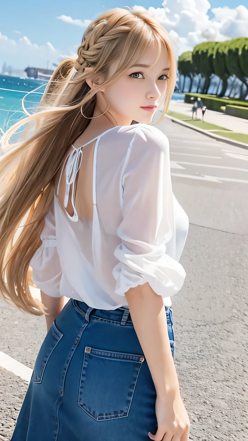 1womanl、((emphasis on the buttocks))、Small buttocks、full body Esbian、(Turn around)、(A city scape)、Realistic、de pele branca、A slender、A dark-haired、Shorthair Flying、tiny chest、long 、blouse、denim pant、((Pita bread))、to stand、Chest Pochi、二重まぶた、Smile、NSFW