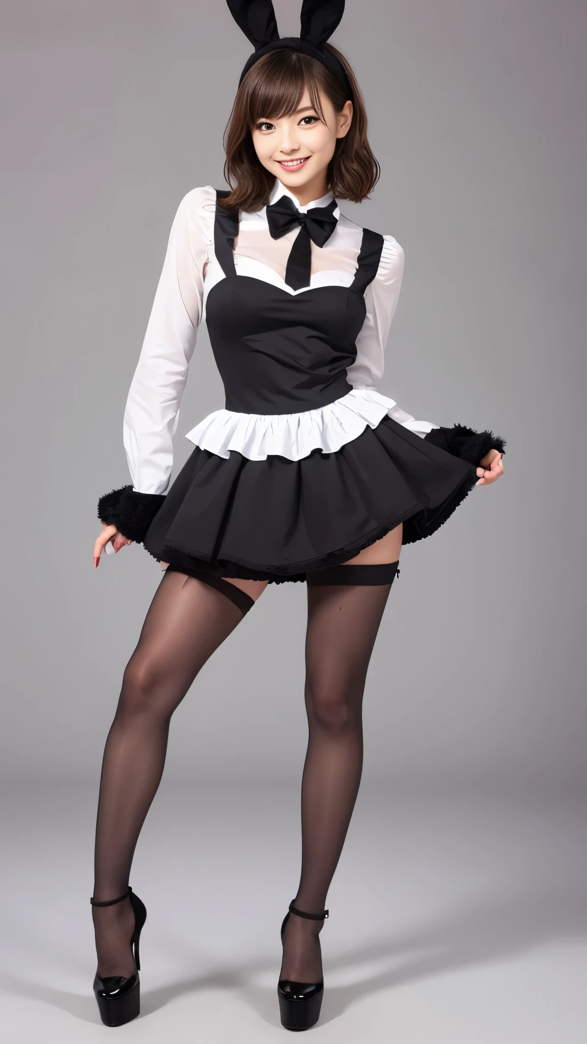 Bunny girl in maid outfit:1.5,Wearing black tights:1.5,The best smile:1.5,Full Body Shot:1.5,Gray background:1.5,Wearing black high heels:1.5,Short hair with side waves:1.5,squat:1.5