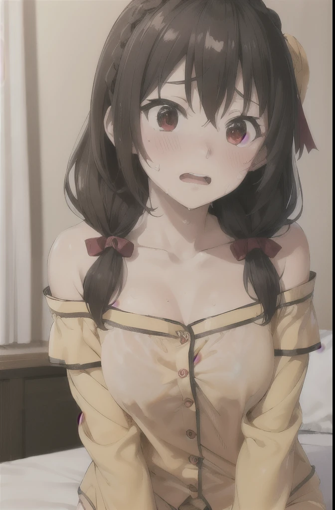 masterpiece,highest quality,High resolution,Very detailed,yes,Long Hair,Braiding,Twin tails,Hair between the eyes,Hair Ribbon,hair ornaments,slightly larger breasts,(Yellow off-the-shoulder pajamas with white sleeves:1.2),bed,Surprised expression,Pink Pants,No pants,Sweat,Wet,Red Eyes、Open your mouth a little、The face blushes