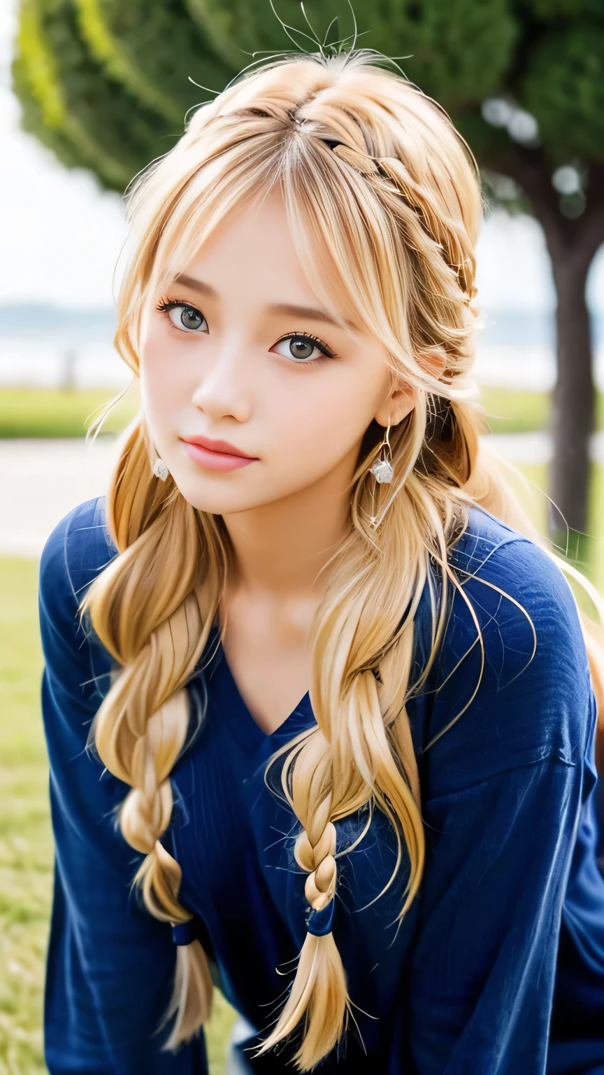 Sexy Big 、Sexy cute looks and cute 15 year old beautiful girl, beautiful and sexy face、A strong wind blows my hair in front of my face、beautiful long blonde French braided hair、beautiful, Cute and sexy eyes hidden behind long bangs
