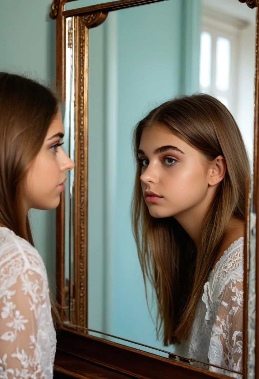 Photo d’une jolie fille de 20 ans très hautaine et de son reflet méchant dans un miroir, she poses in profile next to a large mirror where her naughty girl reflection is reflected, son reflet dans le miroir, angle dynamique, visage de fille hautaine, visage d’une très méchante fille, deux visages