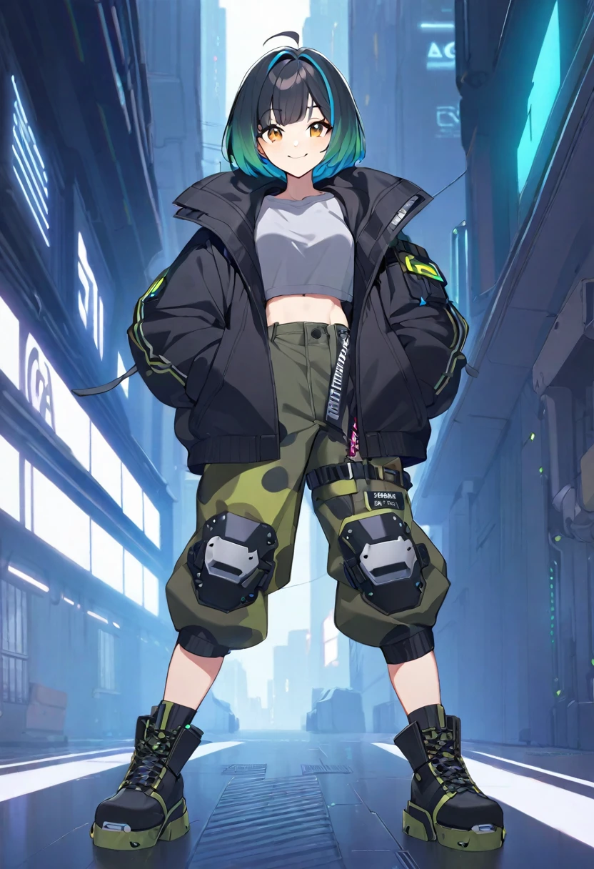 1girl, muscular, (black fade to aquamarine hair, Cyber Y2K Asymmetrical Bobcut, amber eyes), cyberpunk, (short cropped baggy black jacket, grey cropped shirt, dark green baggy camo pants, kneepads, military boots), hands in pockets, standing, smile