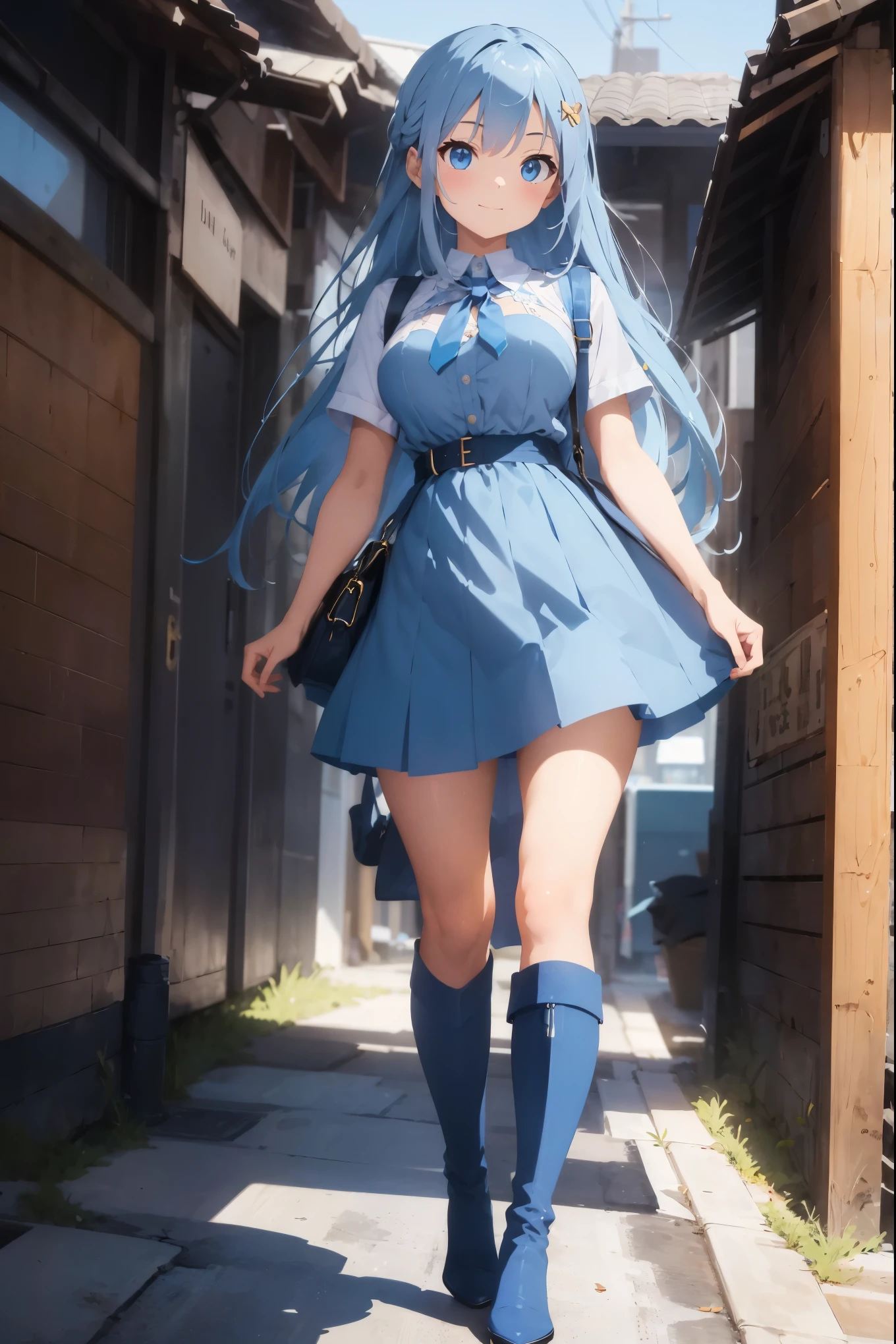 masterpiece, 8K, Art style:sciamano240, very detailed face, Detailed clothes, Delicate fabric, 1 Girl, Pretty Face, Asymmetrical long hair, light blue hair, Wear cute office clothes, Dior (Dior) Over the knee boots, Very detailed blue cat's eye, Stand and pose , cute giggle, Sunny office environment, Full body view,(((Large Breasts)))