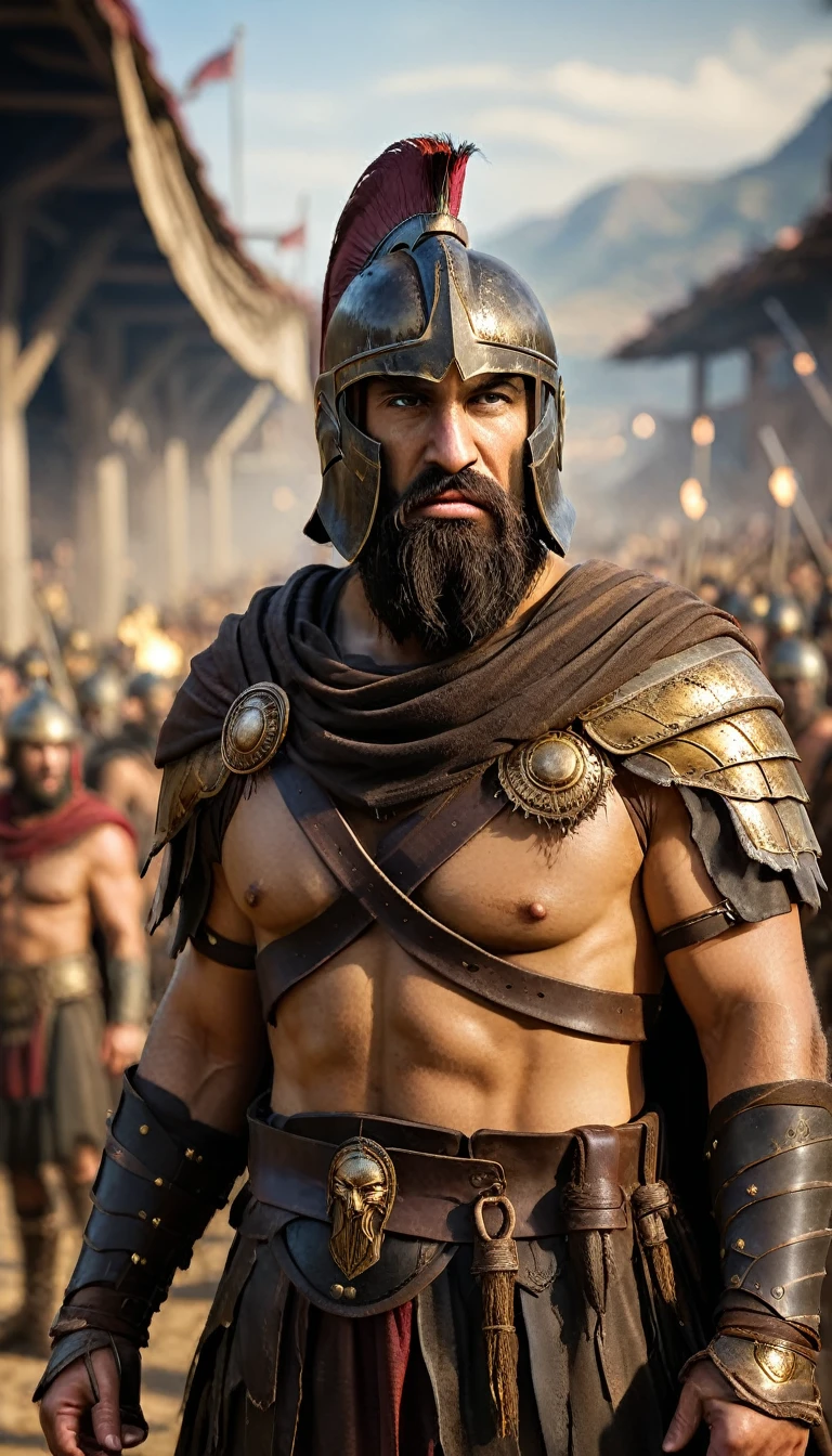 Cinematic style, Create a detailed image of the annual Spartan event, featuring a massive arena where the best Spartan warriors and the bravest Helot slaves prepare to battle to the death, background dark, hyper realistic, ultra detailed hyper realistic, photorealistic, Studio Lighting, reflections, dynamic pose, Cinematic, Color Grading, Photography, Shot on 50mm lens, Ultra-Wide Angle, Depth of Field, hyper-detailed, beautifully color, 8k, golden light from the front