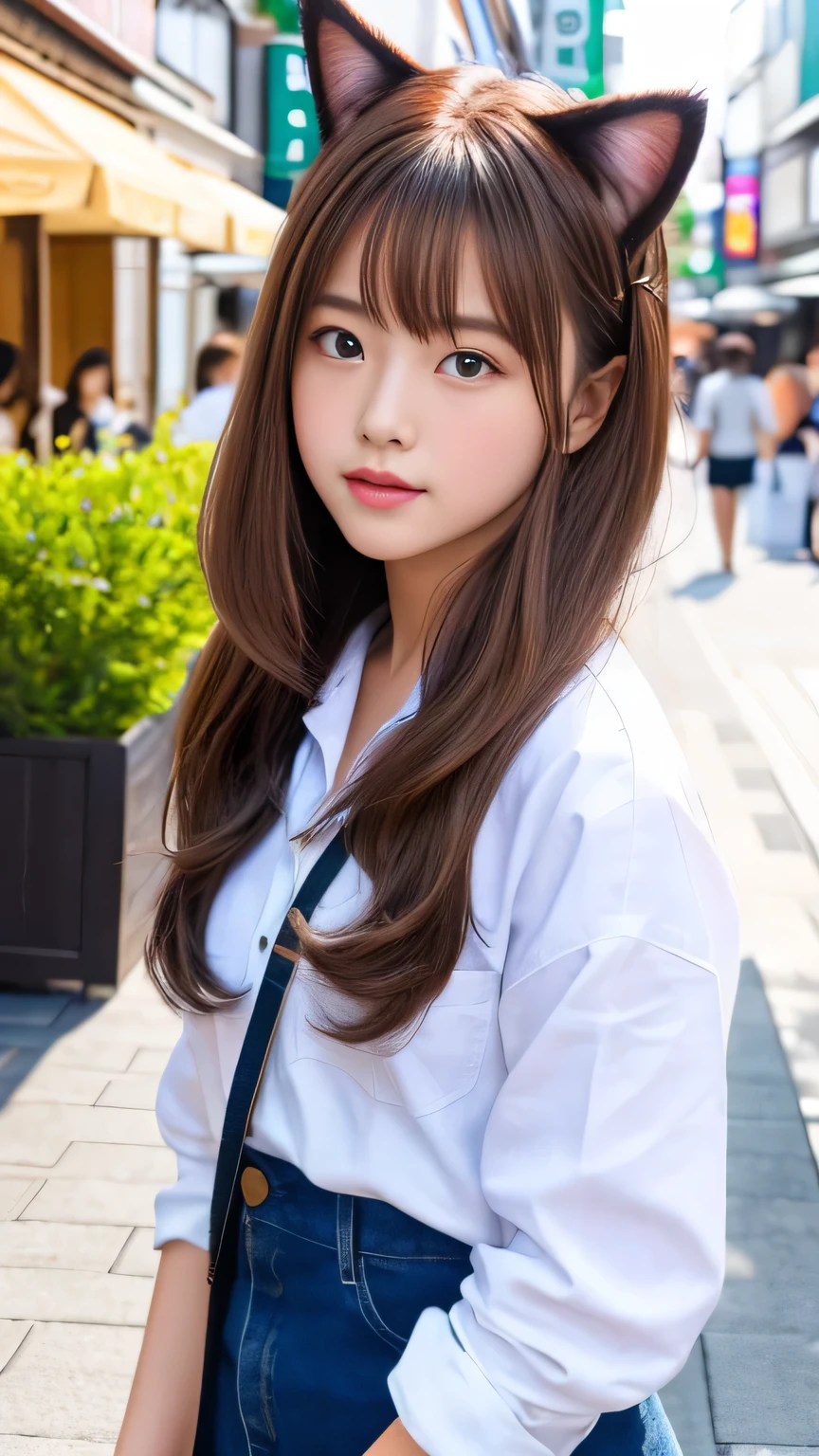8k、highest quality、Like a real photo、masterpiece、Product quality, One Girl,, Young and beautiful woman in Japan, Long Bob Hair, attractive appearance,, High resolution, High detail, Detailed hairstyle, Detailed face, Great cinema lighting, Octane Rendering, Vibrant, Ultra-realistic, Perfect limbs, Perfect Anatomy、17 years old、Cat ears on the head、her hair is light brown.、Cool clothes、In the background is a cafe terrace、A human who is a mix of a cat and a girl、Natural color lip、Attractive eyes、Cat color'The ears are dark brown.、Eye color is blue、the ears are hidden by the hair、Double teeth、Yawn