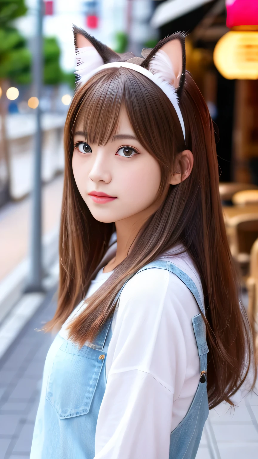 8k、highest quality、Like a real photo、masterpiece、Product quality, One Girl,, Young and beautiful woman in Japan, Long Bob Hair, attractive appearance,, High resolution, High detail, Detailed hairstyle, Detailed face, Great cinema lighting, Octane Rendering, Vibrant, Ultra-realistic, Perfect limbs, Perfect Anatomy、、Cat ears on the head、her hair is light brown.、Cool clothes、In the background is a cafe terrace、A human who is a mix of a cat and a girl、Natural color lip、Attractive eyes、Cat color'The ears are dark brown.、Eye color is blue、the ears are hidden by the hair、Double teeth、Yawn