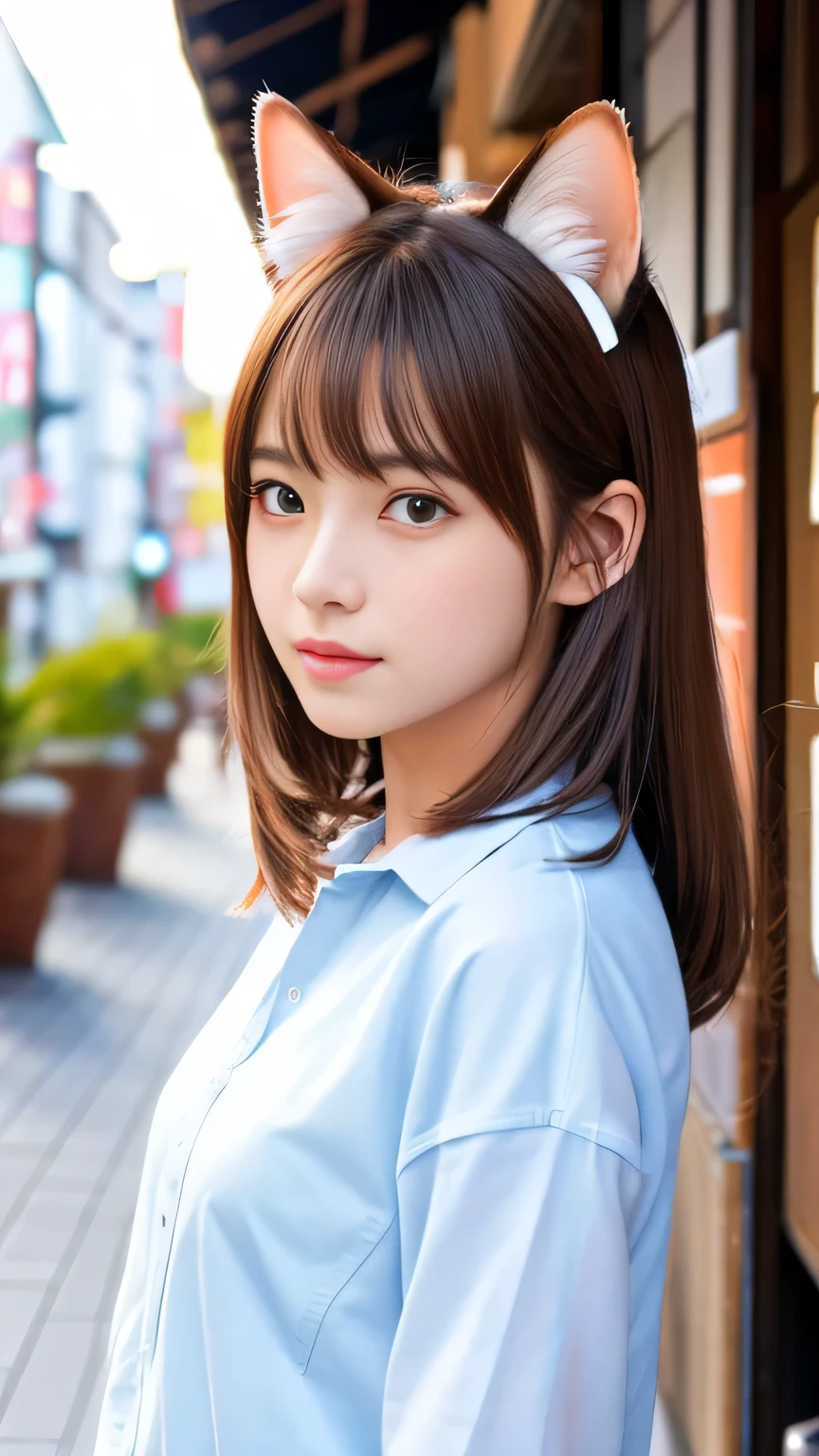8k、highest quality、Like a real photo、masterpiece、Product quality, One Girl,, Young and beautiful woman in Japan, Long Bob Hair, attractive appearance,, High resolution, High detail, Detailed hairstyle, Detailed face, Great cinema lighting, Octane Rendering, Vibrant, Ultra-realistic, Perfect limbs, Perfect Anatomy、17 years old、Cat ears on the head、her hair is light brown.、Cool clothes、In the background is a cafe terrace、A human who is a mix of a cat and a girl、Natural color lip、Attractive eyes、Cat color'The ears are dark brown.、Eye color is blue、the ears are hidden by the hair、Double teeth、Yawn