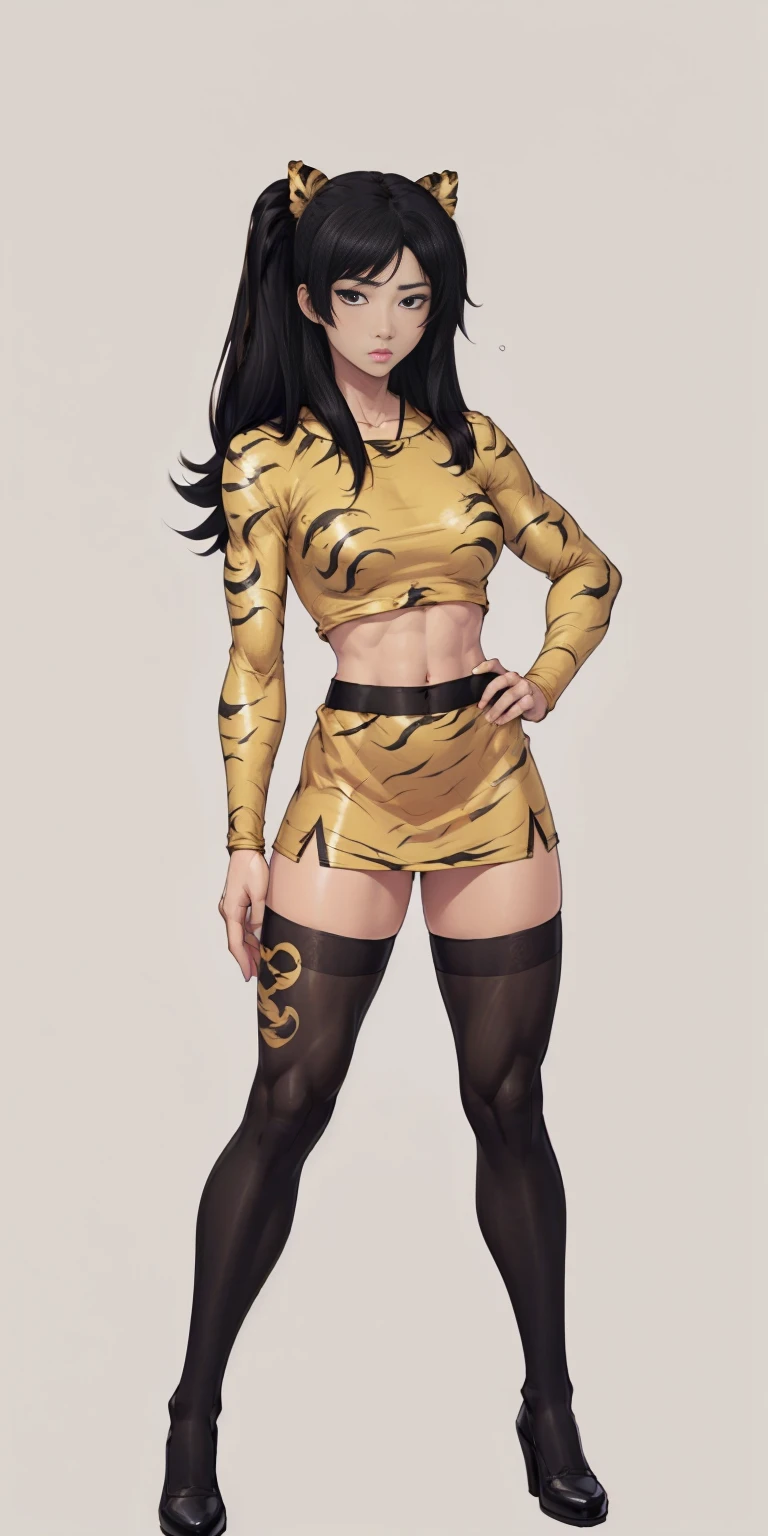 ((Masterpiece, plain background:1,2, masterpiece)) full body standing yellow tiger print stockings, hands on waist, navel (Kuchiki Touko) (black eyes:1.5) black hair, hair between eyes, long hair ponytails
