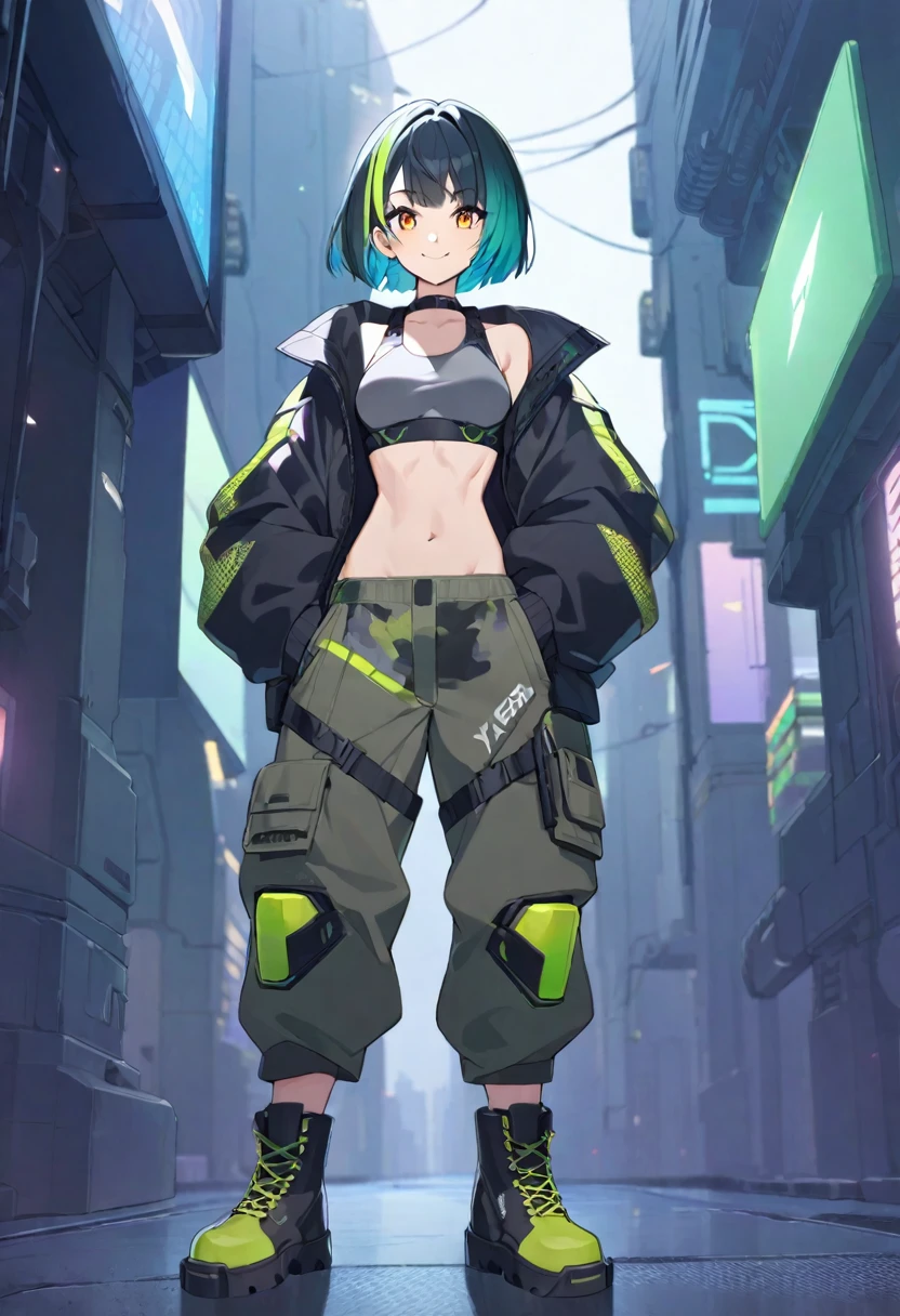 1girl, muscular, (black fade to aquamarine hair, Cyber Y2K Asymmetrical Bobcut, amber eyes, medium breasts), cyberpunk, (short cropped baggy black jacket, grey cropped shirt, dark green baggy camo pants, kneepads, military boots), hands in pockets, standing, smile
