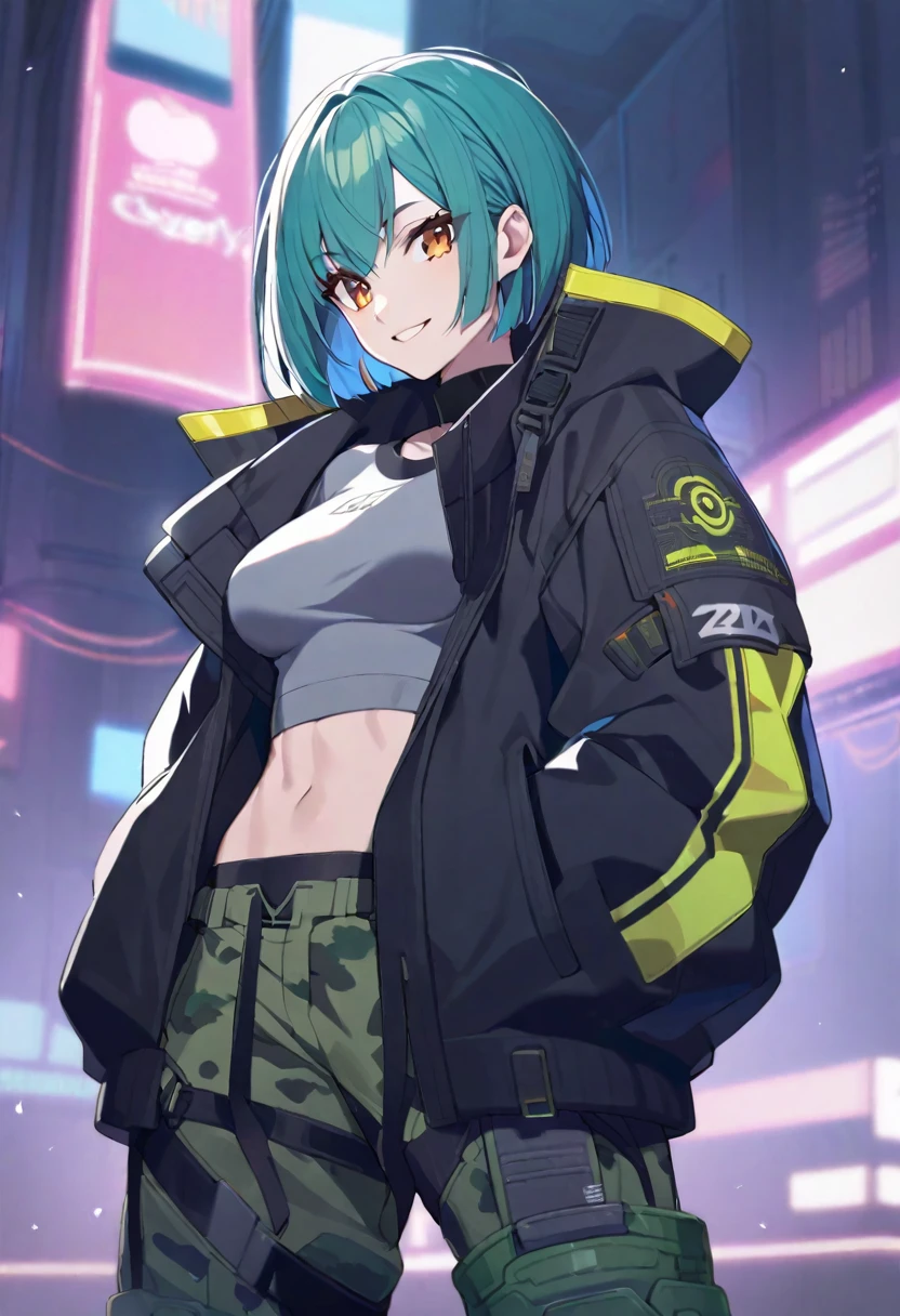 1girl, muscular, (black fade to aquamarine hair, Cyber Y2K Asymmetrical Bobcut, amber eyes, medium breasts), cyberpunk, (short cropped baggy black jacket, grey cropped shirt, dark green baggy camo pants, kneepads, military boots), hands in pockets, standing, smile