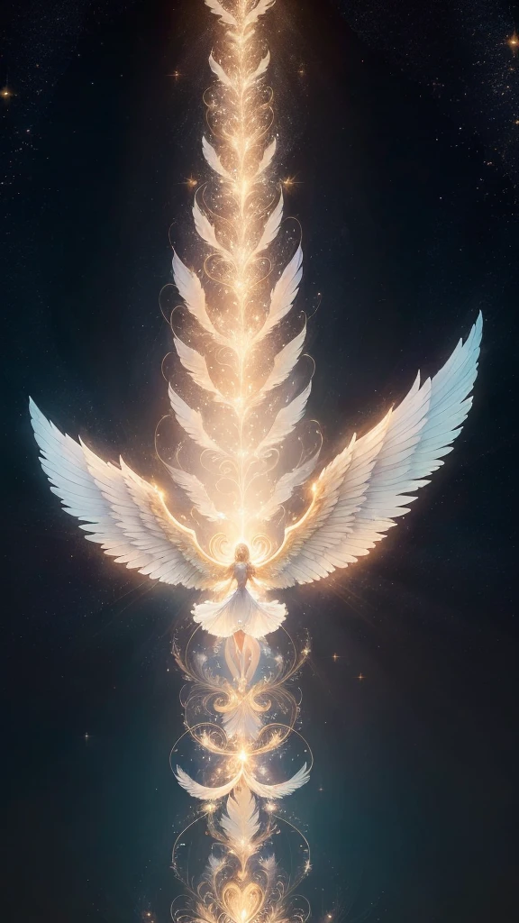 Picture an image of celestial beauty, capturing angels gracefully soaring in the radiant heavens. The color palette is ethereal, with soft golden hues, pale blues, and pearly whites, symbolizing purity and divine elegance.
Imagine a cluster of angels, each with wings that sparkle like stardust, catch the soft, filtered light and cast a comforting glow upon the scene below. Their wings, a mesmerizing blend of intricate patterns and delicate feathers, flutter as they glide through the sky, leaving a trail of shimmering light behind them.
Each angel is effortlessly elegant, their robes flowing like gentle clouds, each