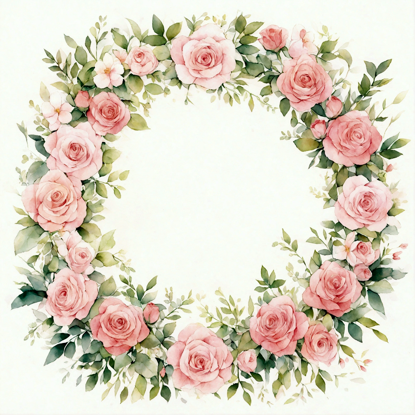 "Round wreath, whole，Flower frame, Delicate watercolor flowers，Rose，Pink and bright rose color, Charming illustrations."