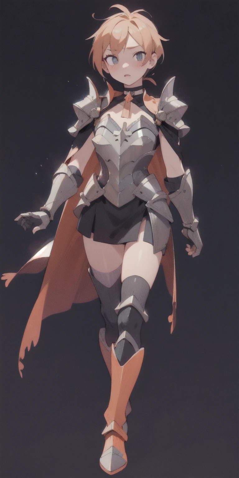 choker, armor, cape, black dress, single glove, thigh highs, armored legwear, orange boots, hyper realistic