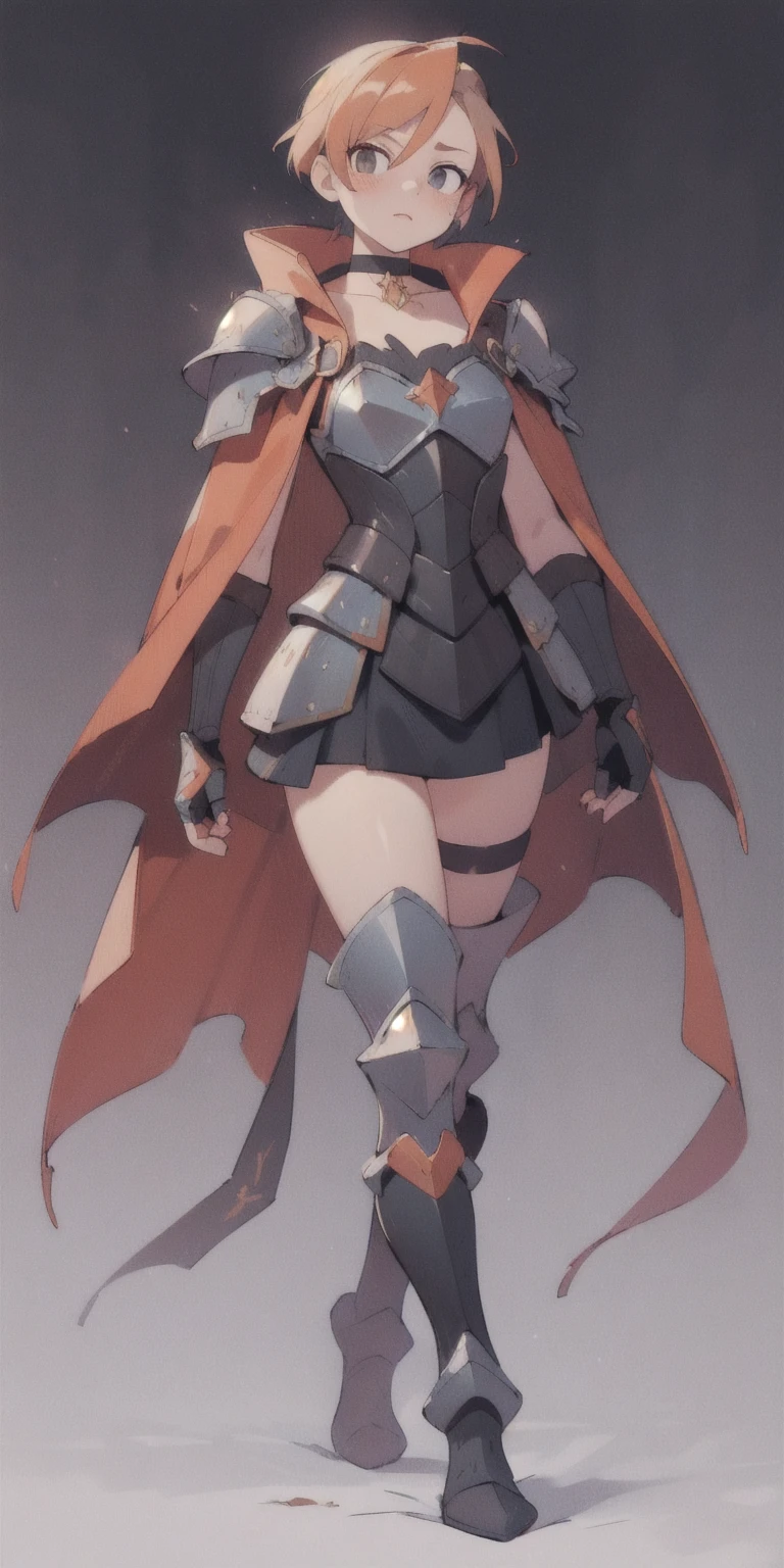 choker, armor, cape, black dress, single glove, thigh highs, armored legwear, orange boots, hyper realistic