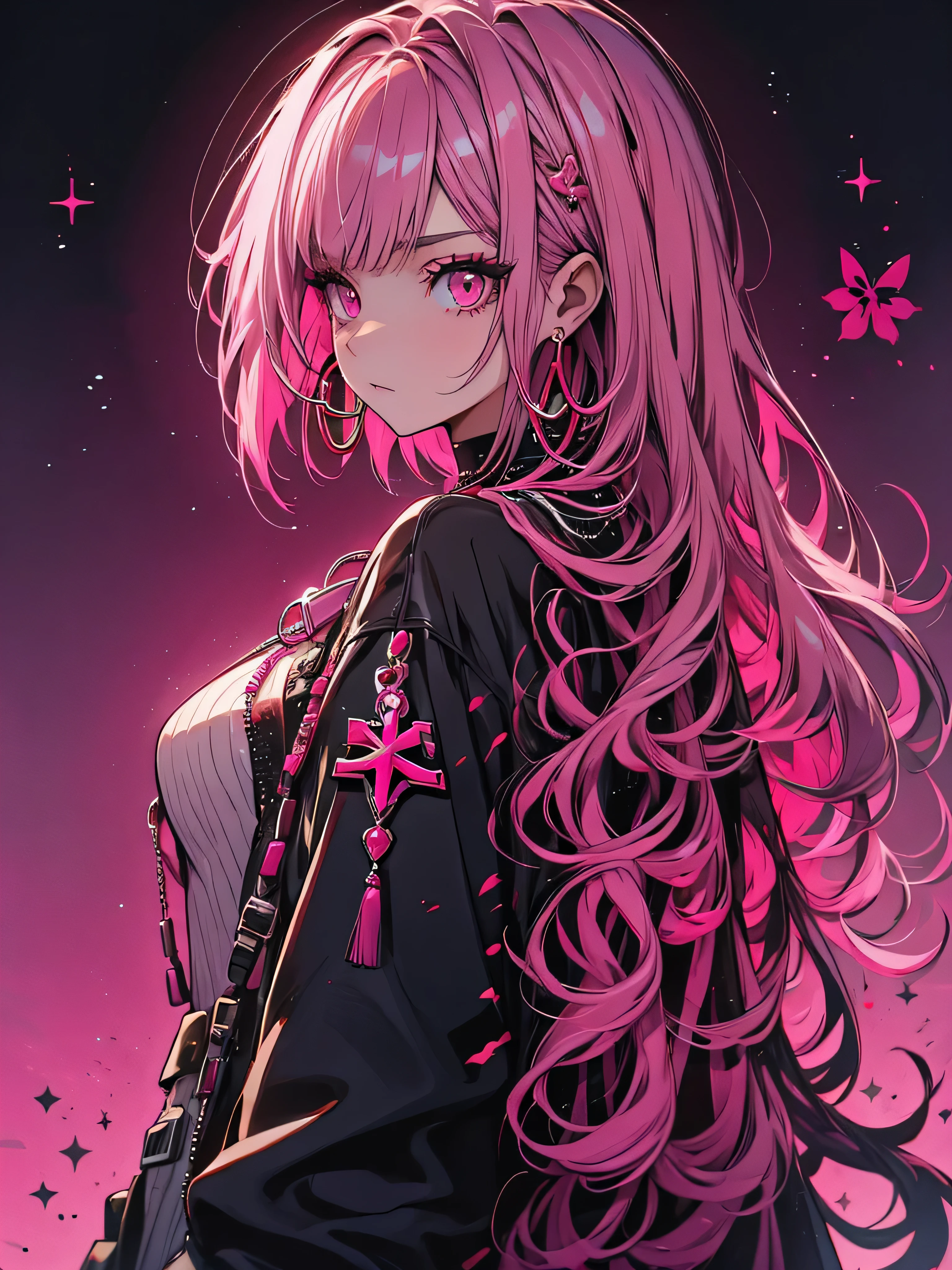 red stream, 1 girl, alone, Long Hair, Looking at the audience, White Background, jewelry, Mouth closed, Jacket, Upper Body, Pink Hair, Earrings, Pink Eyes, necklace, From the side, sweater, eyelash, Compensate, short hair, Earrings, cross, ear Earrings, eye shadow, hoop Earrings, variegated hair, Pink Theme, , pink eye shadow