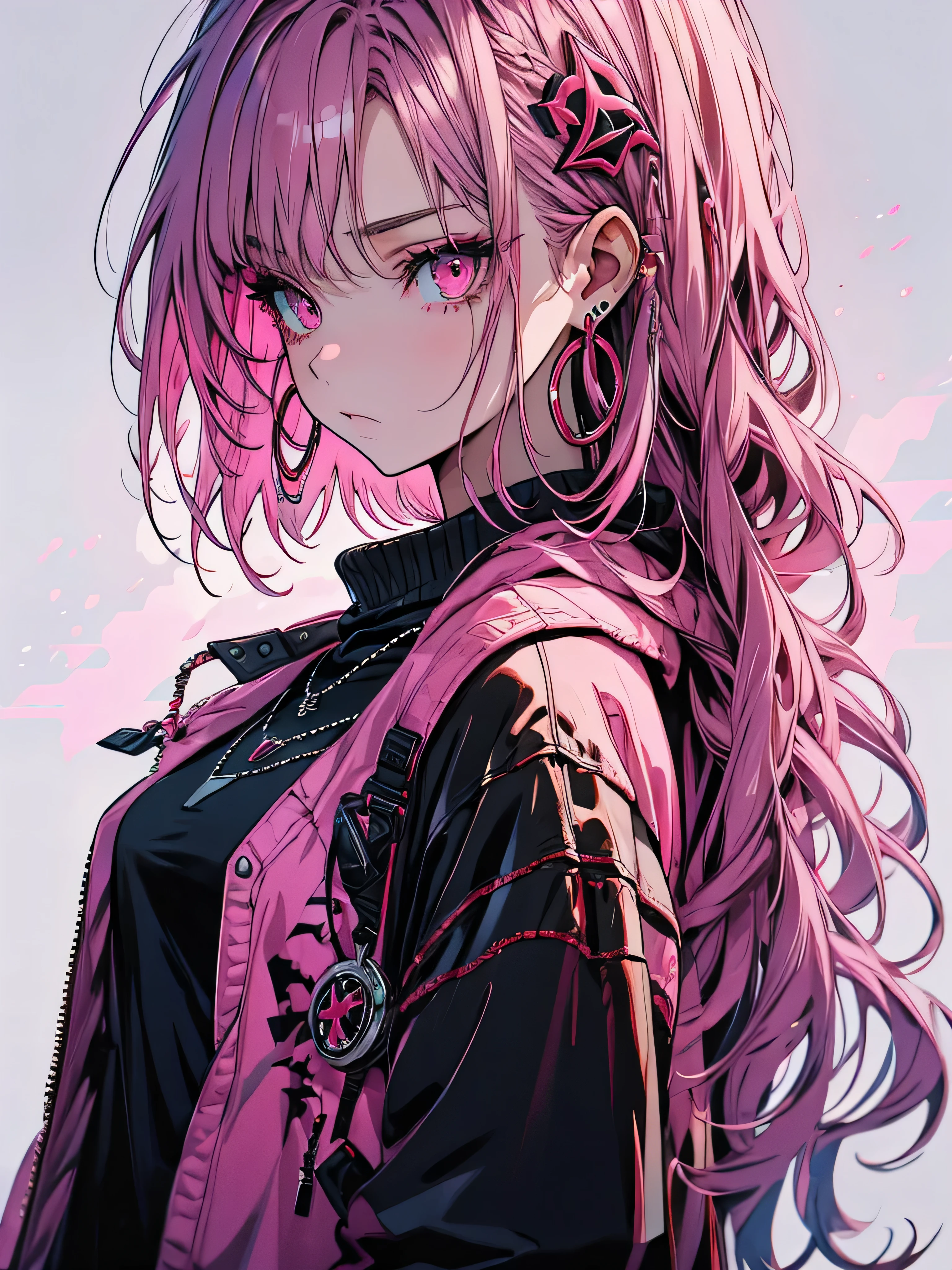 red stream, 1 girl, alone, Long Hair, Looking at the audience, White Background, jewelry, Mouth closed, Jacket, Upper Body, Pink Hair, Earrings, Pink Eyes, necklace, From the side, sweater, eyelash, Compensate, short hair, Earrings, cross, ear Earrings, eye shadow, hoop Earrings, variegated hair, Pink Theme, , pink eye shadow