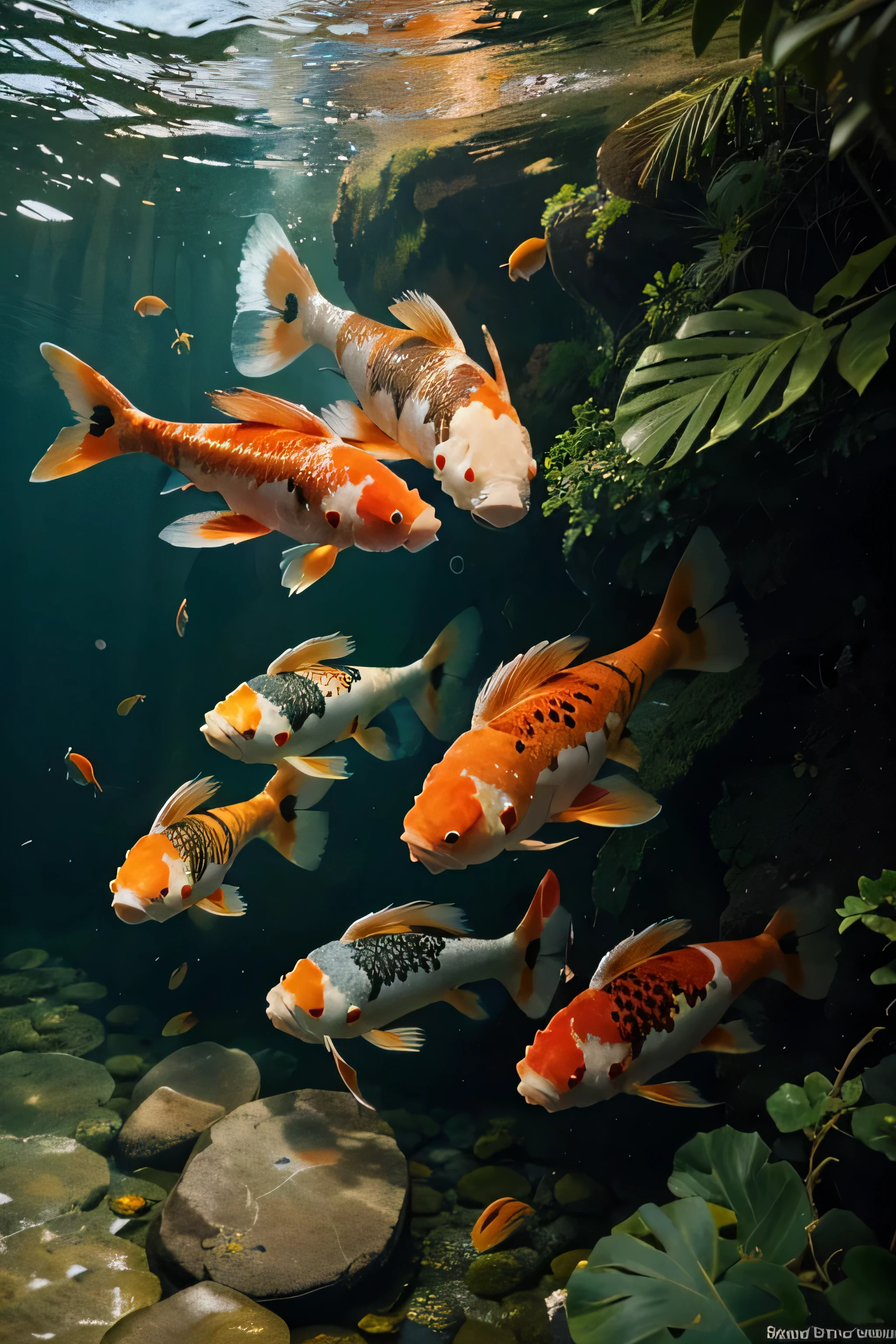 a lot of different colored kujaku koi fish swimming in a body of water, in the style of cross processing, realistic depiction of light, wide angle lens, red and gold, national geographic photo, nature-inspired imagery