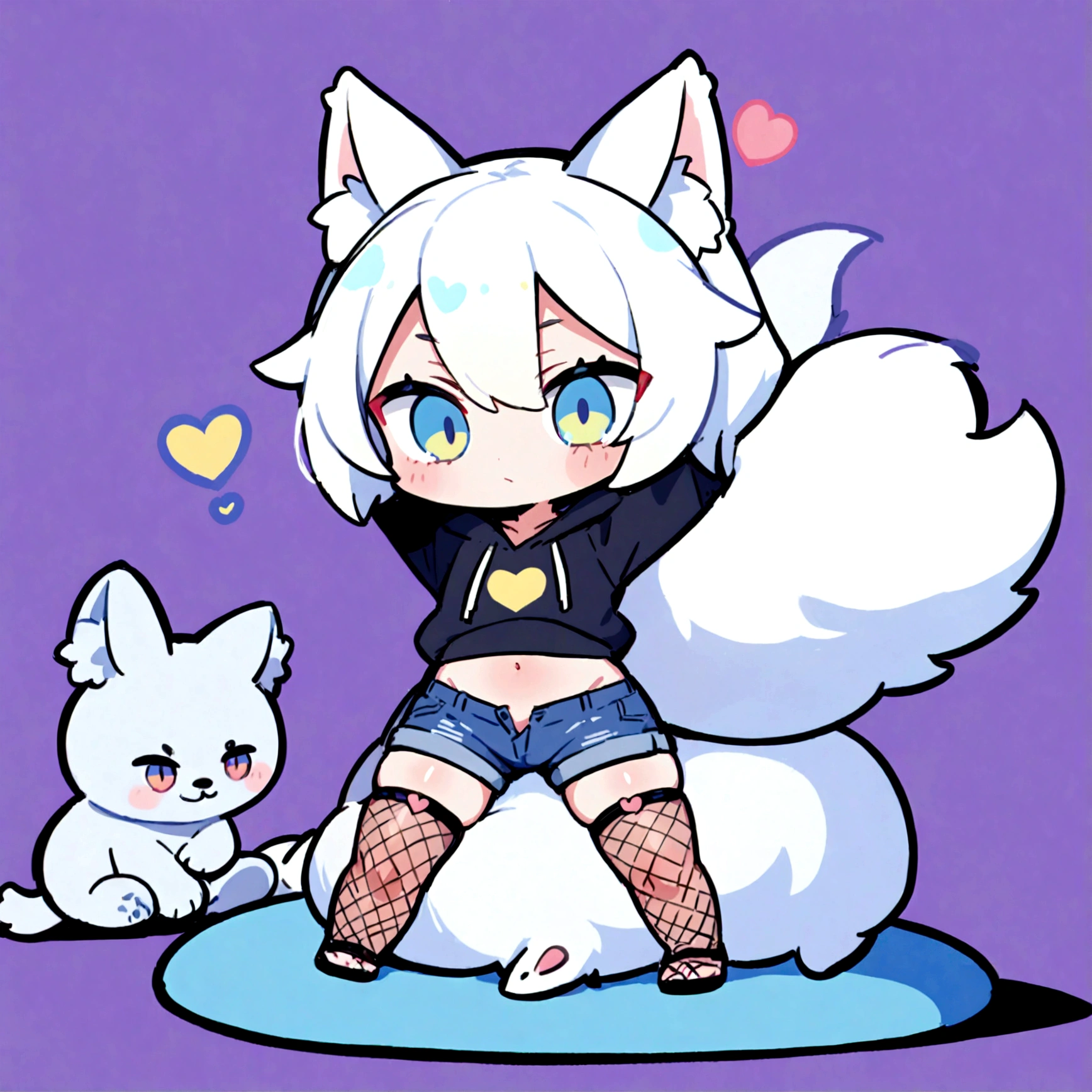 a cute chibi style adult male with wolf ears, white hair, has a wolf tail, wearing a loose cropped oversized black hoodie, wearing a pair of denim short shorts and fishnet stockings, thick thighs, wide hips, relaxing on mound of fluffy animal plushies, short, very slim, showing slender tummy, stretching out, heart on hoodie, squishy thighs, has glowing blue eyes
