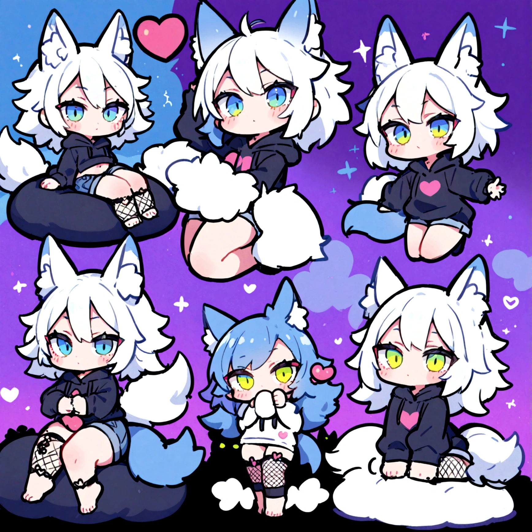 a cute chibi style adult male with wolf ears, white hair, has a wolf tail, wearing a loose cropped oversized black hoodie, wearing a pair of denim short shorts and fishnet stockings, thick thighs, wide hips, relaxing on mound of fluffy animal plushies, short, very slim, showing slender tummy, stretching out, heart on hoodie, squishy thighs, has glowing blue eyes
