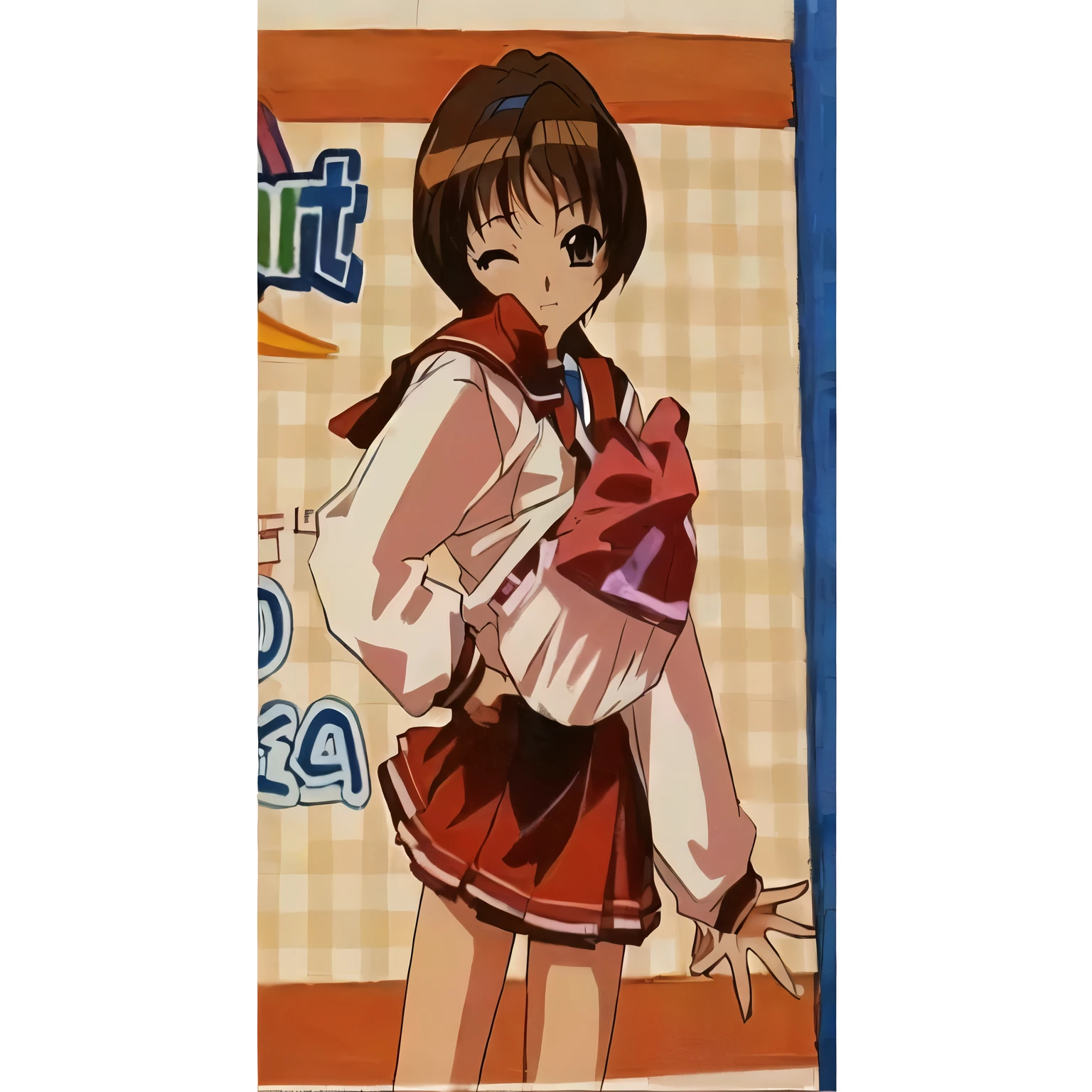 Cartoon character holding a bag of food on a blue and orange background, Takano Aya color style, Another close-up of Iwakura, iwakura lain, haruhi suzumiya, , Another close-up of Iwakura, tsubasa nakai's style, ( ( ( yoshinari yoh ) ) ), Kinmosis!