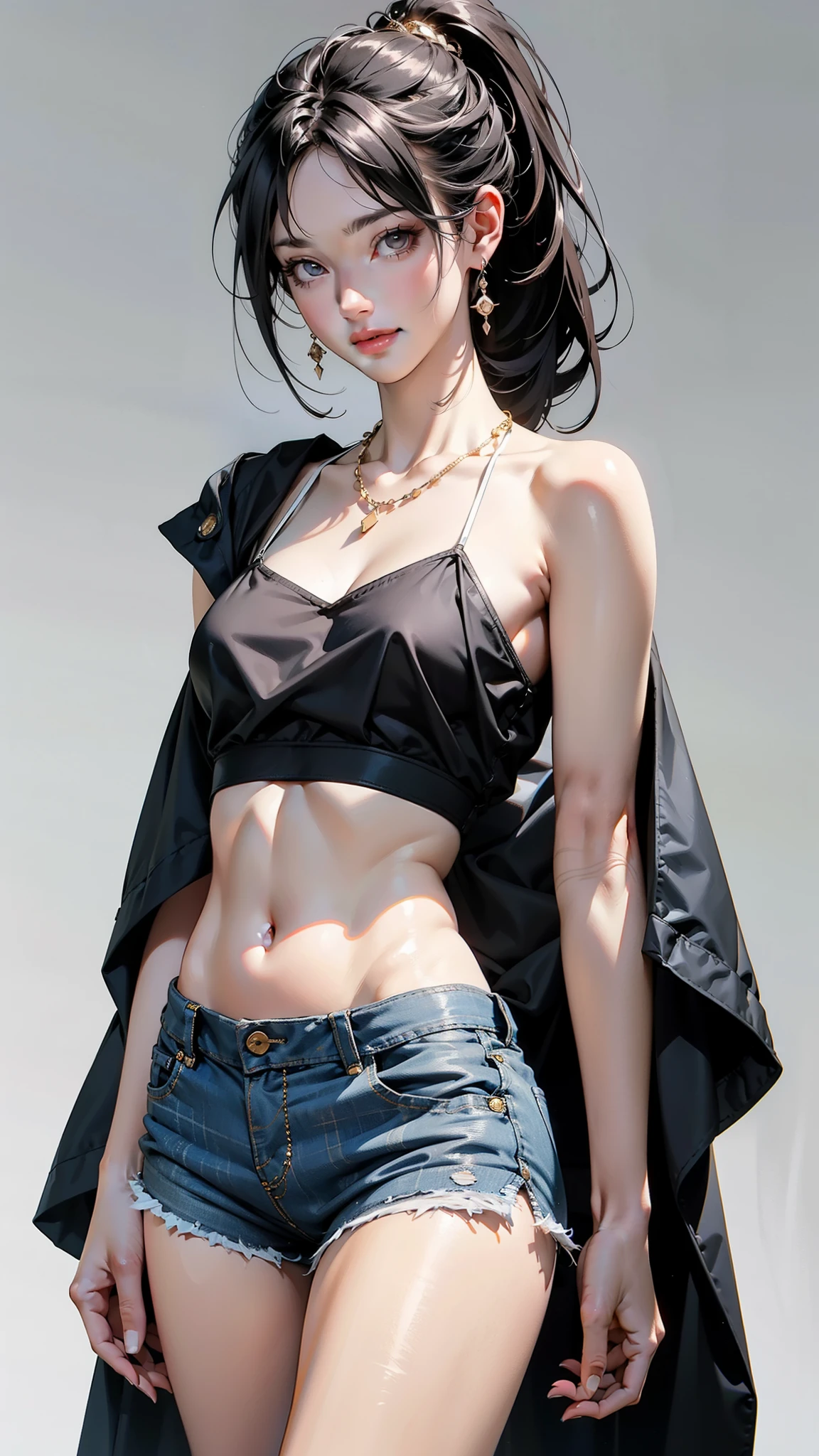 24-year-old Caucasian woman、Hair is brunette、Eye color is blue、Semi-long、Slender but well-proportioned muscular man、My abs are cracked、The belly button is out、a smile、wearing off-shoulder tops、I'm wearing high leg cut shorts、I'm wearing pin heels、studio shoot
