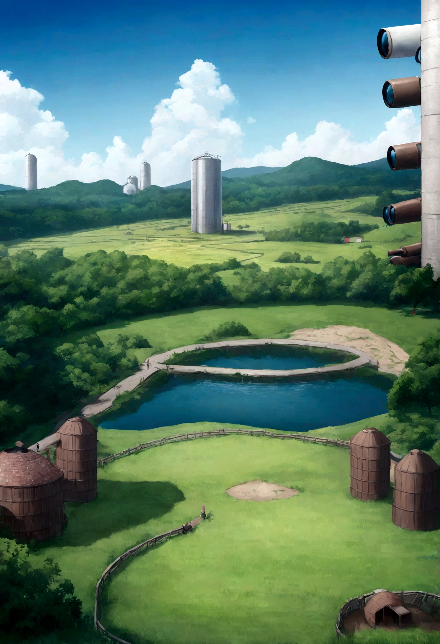 Grassland virtual universe scenery, In the background plantation，There is a river，arima, Gado, Blue sky, silo area, VR glasses, Marquinas－Dekorheita