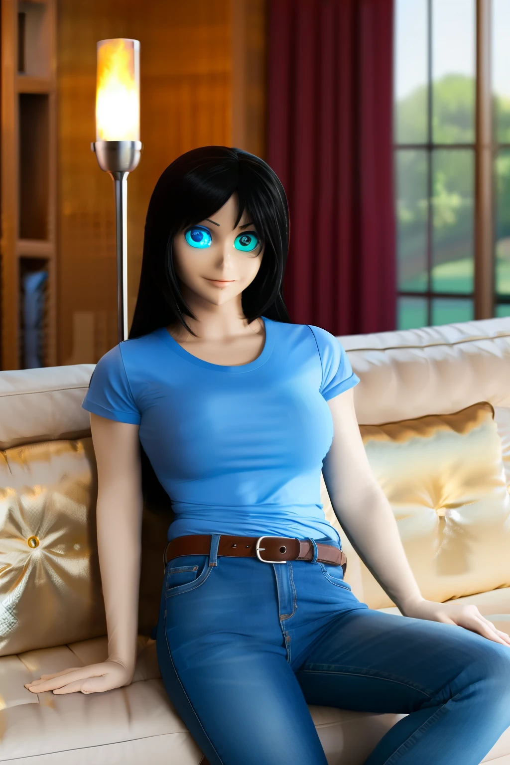 animatronic housewife, black hair, blue eyes, blue shirt, jeans, glowing eyes, on the couch