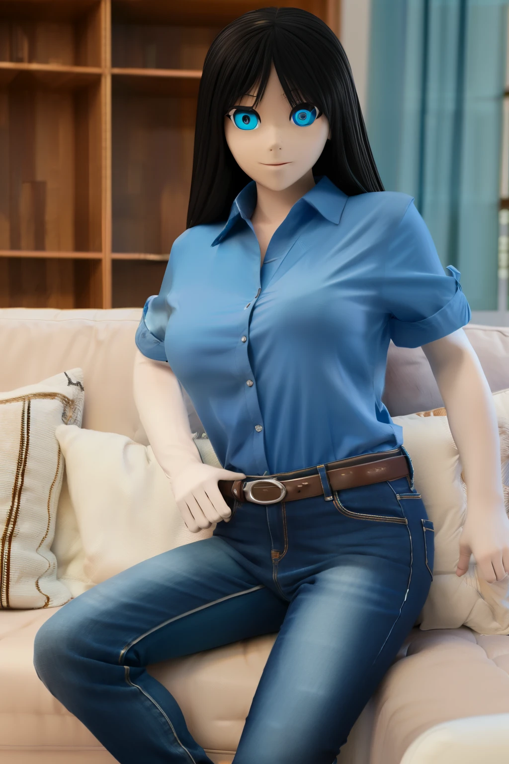 animatronic housewife, black hair, blue eyes, blue shirt, jeans, glowing eyes, on the couch