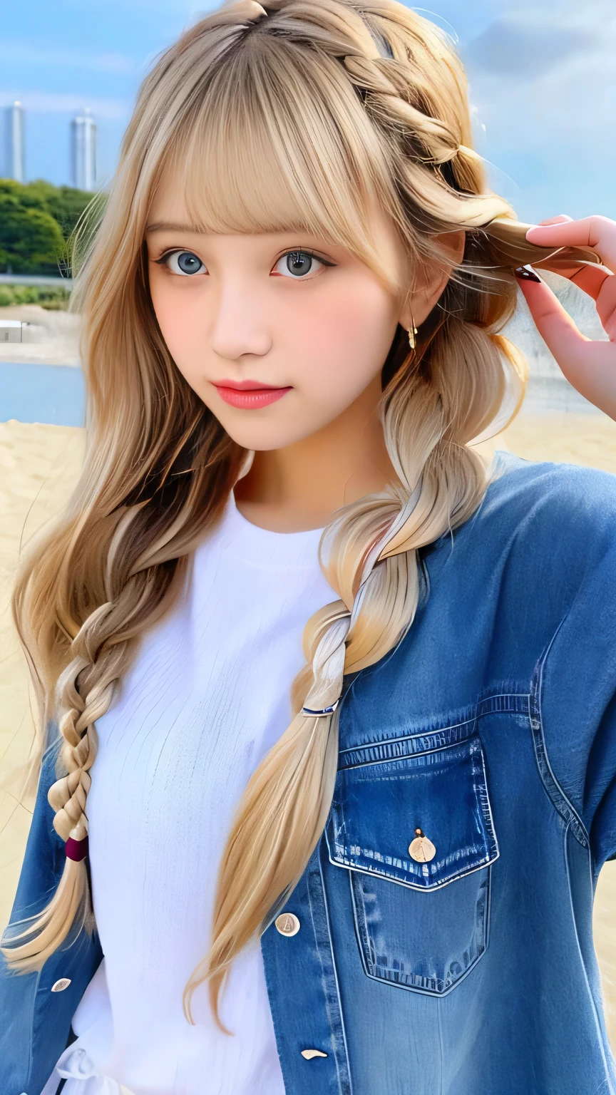 Sexy Big 、Sexy cute looks and cute 15 year old beautiful girl, beautiful and sexy face、A strong wind blows my hair in front of my face、beautiful long blonde French braided hair、beautiful, Cute and sexy eyes hidden behind long bangs