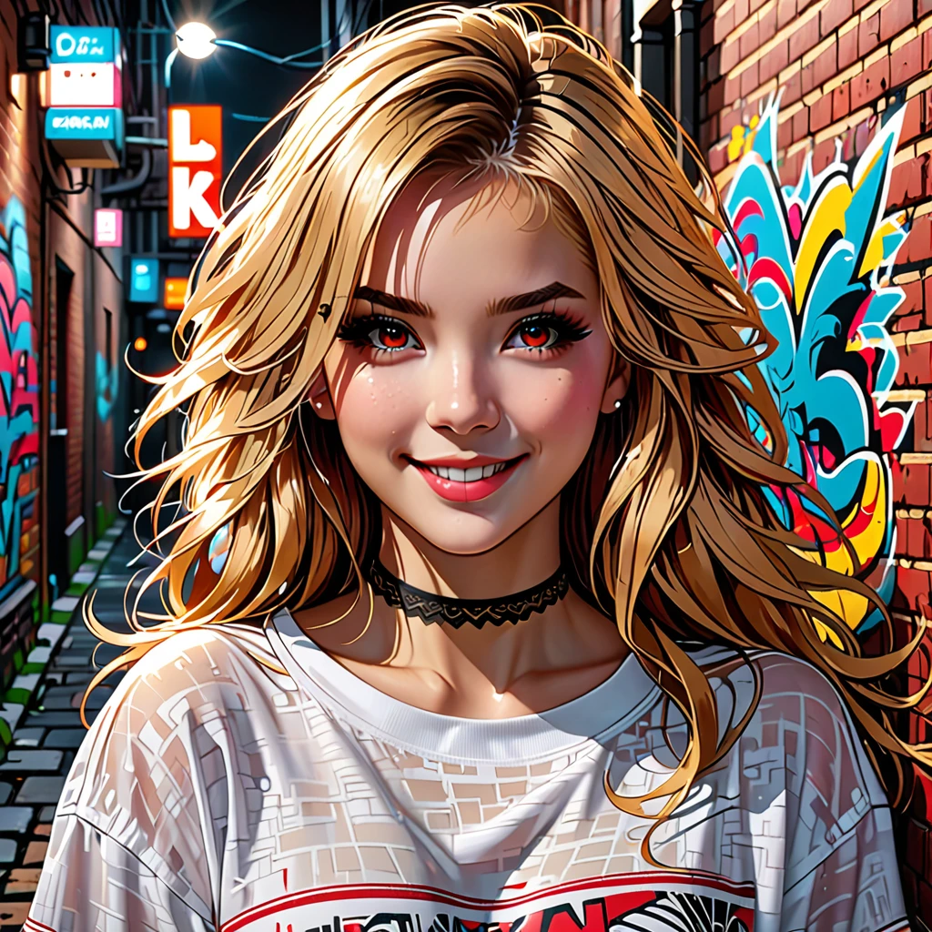 ultra realistic 8k cg, masterpiece, ((ultra detailed background, delicate pattern, intricate detail)), best quality, intricate details, chromatic aberration, smiling girl, long hair, golden hair, messy hair, red highlights, hair over one eye, sharp eyes, choker, brick wall, graffiti, dim lighting, alley, oversized shirt,off shoulder, see through white shirt, Masterpiece, best quality