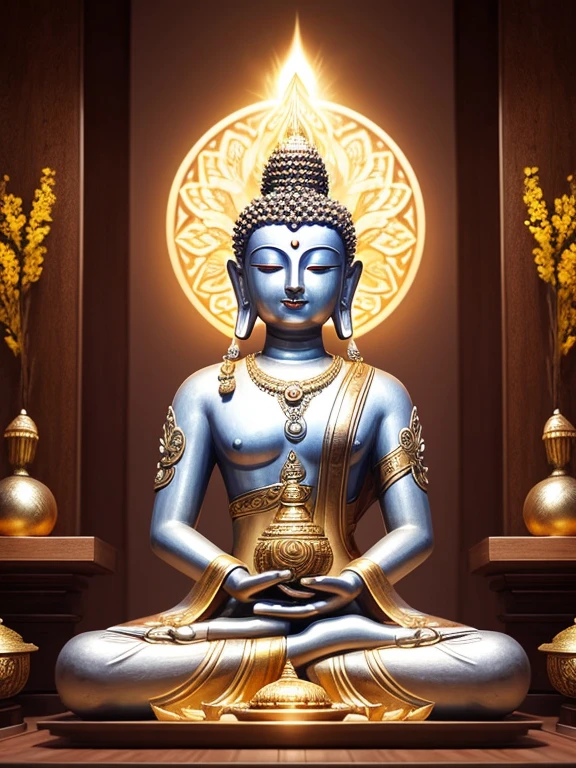 (Buddhist paradise、Gold Dust、Silver、Ruri、agate、Several large crystals)、Kannon Bodhisattva、Amitabha is coming、Detailed eyes、Detailed face、Detailed nose、Detailed ears、Golden aura shining、白Silver色の明るい世界、Seated on a lotus pedestal、Official artwork、(masterpiece、highest quality、High resolution、8k)、The composition is excellent、