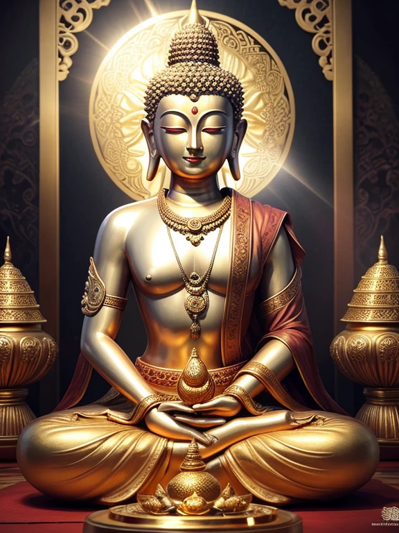 (Buddhist paradise、Gold Dust、Silver、Ruri、agate、Several large crystals)、Kannon Bodhisattva、Amitabha is coming、Detailed eyes、Detailed face、Detailed nose、Detailed ears、Golden aura shining、白Silver色の明るい世界、Seated on a lotus pedestal、Official artwork、(masterpiece、highest quality、High resolution、8k)、The composition is excellent、