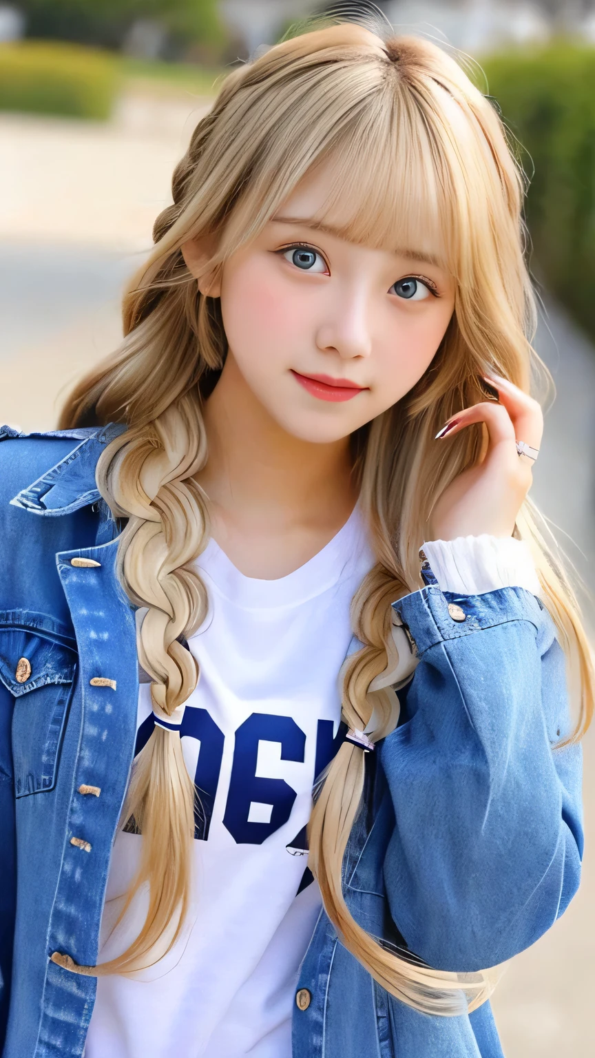 Sexy Big 、Sexy cute looks and cute beautiful girl, beautiful and sexy face、A strong wind blows my hair in front of my face、beautiful long blonde French braided hair、beautiful, Cute and sexy eyes hidden behind long bangs