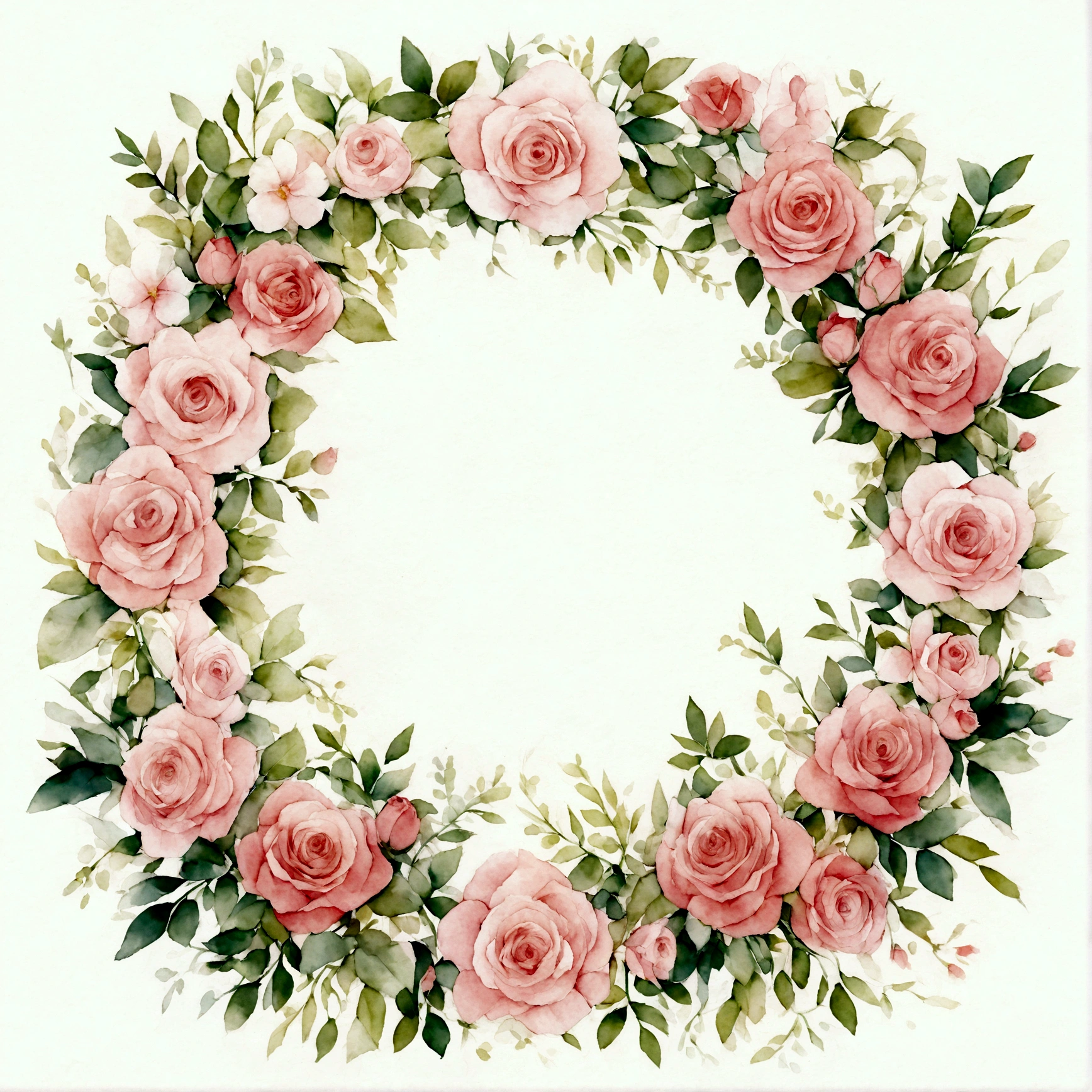 Round wreath, whole，Flower frame, Delicate watercolor flowers，Rose，Pink and bright rose color, Charming illustrations，Pure white background