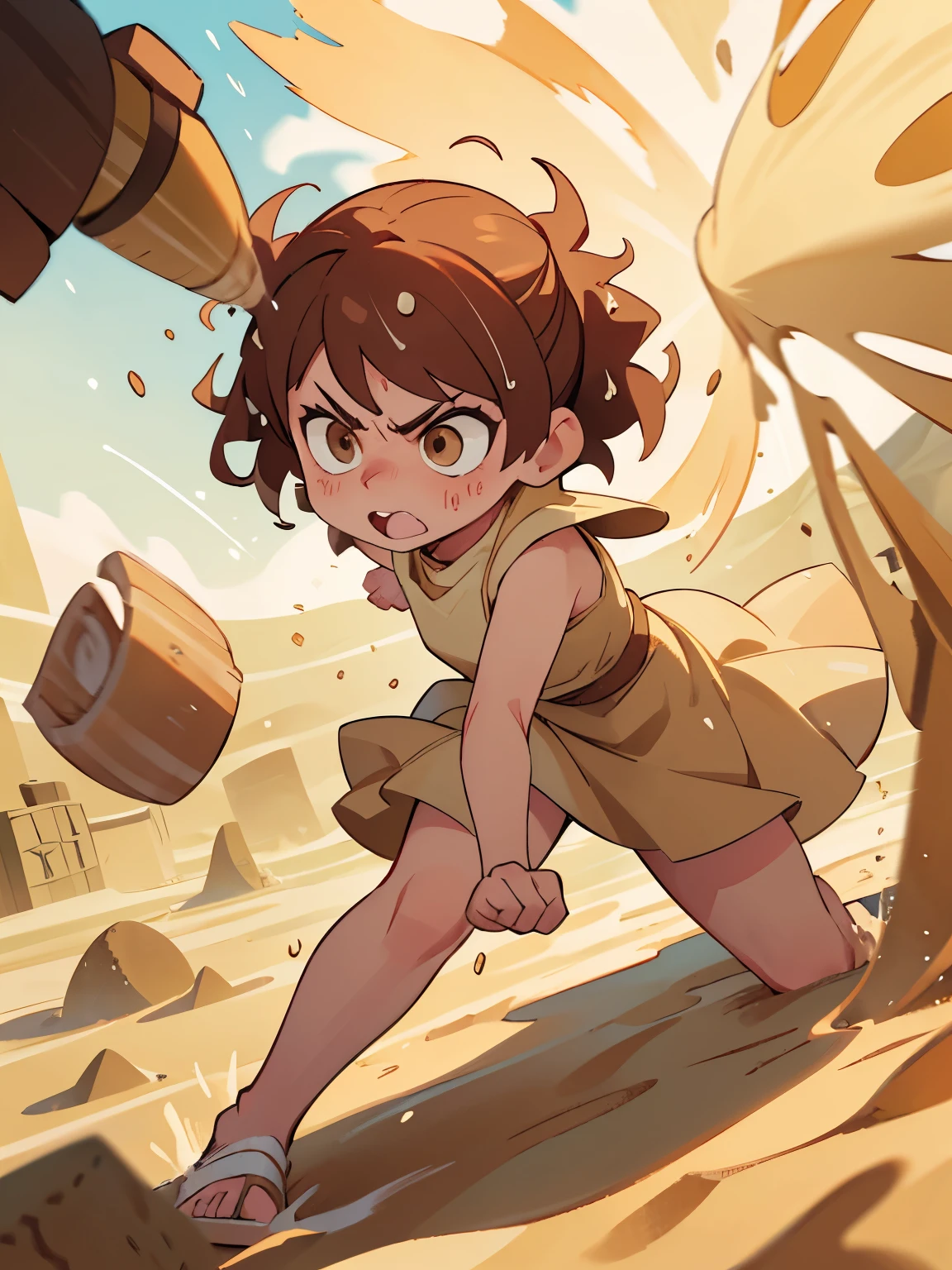 Throw it at us, Girl with mean face, (Sand splashes:1.5), sandpit, Sand particles, a large amount of grains of sand,