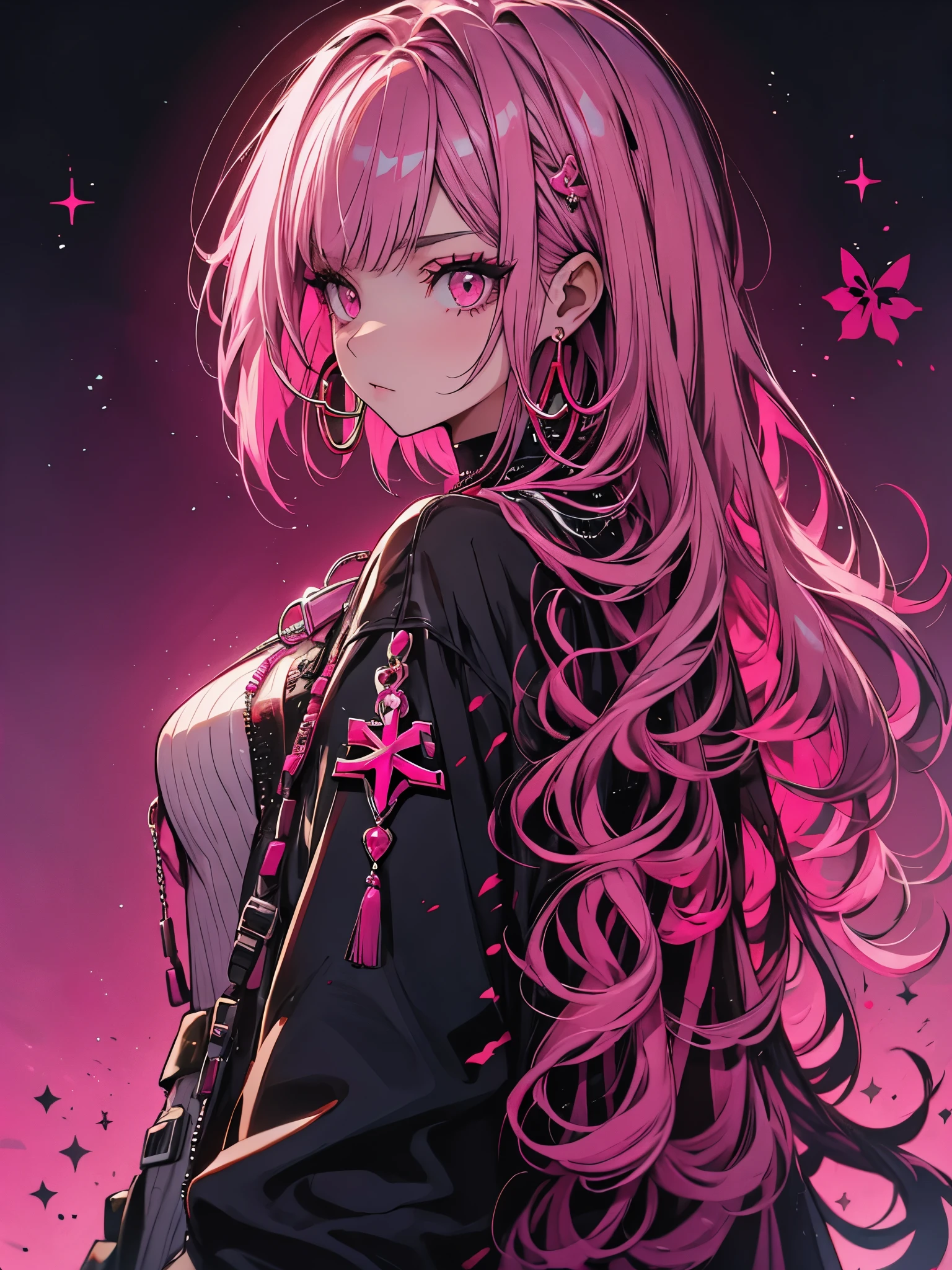 red stream, 1 girl, alone, Long Hair, Looking at the audience, White Background, jewelry, Mouth closed, Jacket, Upper Body, Pink Hair, Earrings, Pink Eyes, necklace, From the side, sweater, eyelash, Compensate, short hair, Earrings, cross, ear Earrings, eye shadow, hoop Earrings, variegated hair, Pink Theme, , pink eye shadow