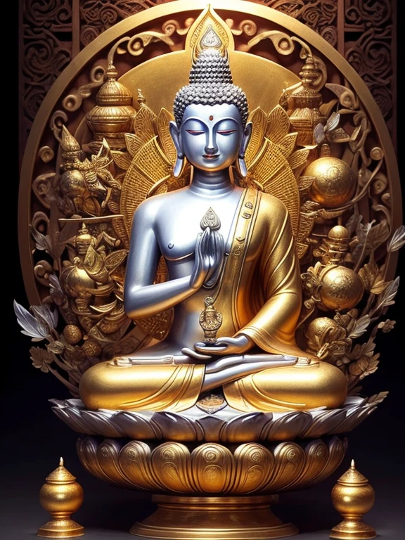 (Buddhist paradise、Gold Dust、Silver、Ruri、agate、Several large crystals)、Kannon Bodhisattva、Amitabha is coming、Detailed eyes、Detailed face、Detailed nose、Detailed ears、Golden aura shining、白Silver色の明るい世界、Seated on a lotus pedestal、Official artwork、(masterpiece、highest quality、High resolution、8k)、The composition is excellent、