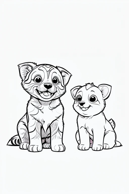 Cute and adorable  puppy and its Cub, coloring page for kids, happy, smiling, surrounded by plants, vector art, minimalistic, vector 2d, black lines white background, coloring page for beginners, vector illustration, pencil strokes, no color, drawing for coloring, white background, Pixar style, black and white