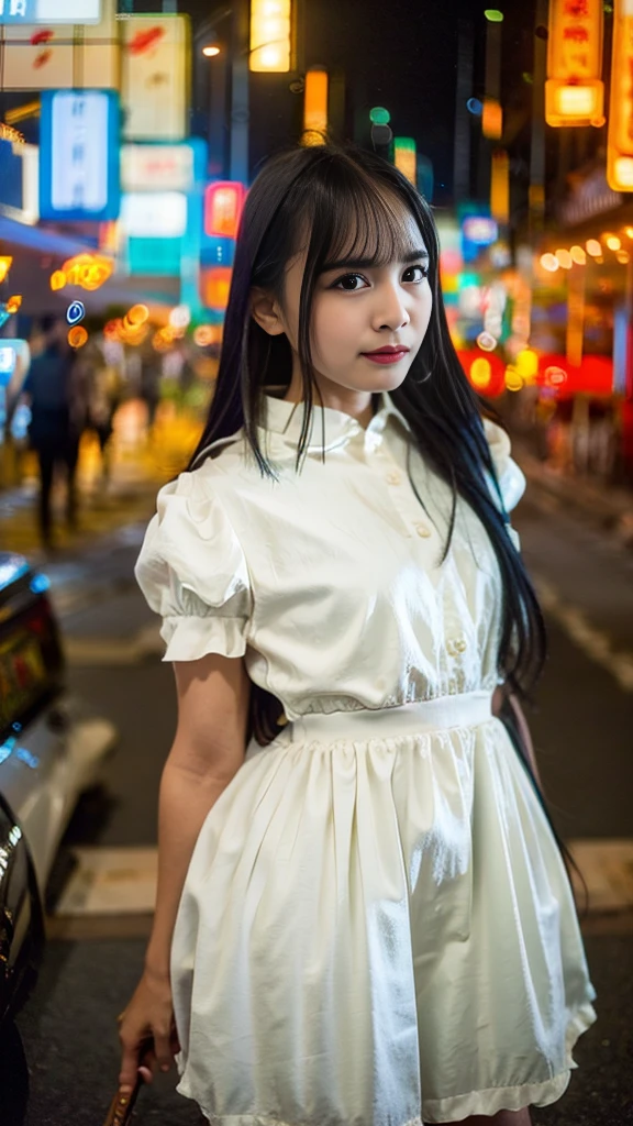 Masterpiece, (best quality:1.4), ultra high res, art photography, professional color grading, depth of fields, 50mm, film grain, (photorealistic:1.4), cinematic lighting, chromatic abberation, 1girl, wearing dress, detailed face, detailed eyes, lookingto the camera, front view, cowboy shot, Hong Kong street background, night, city light, blurry background