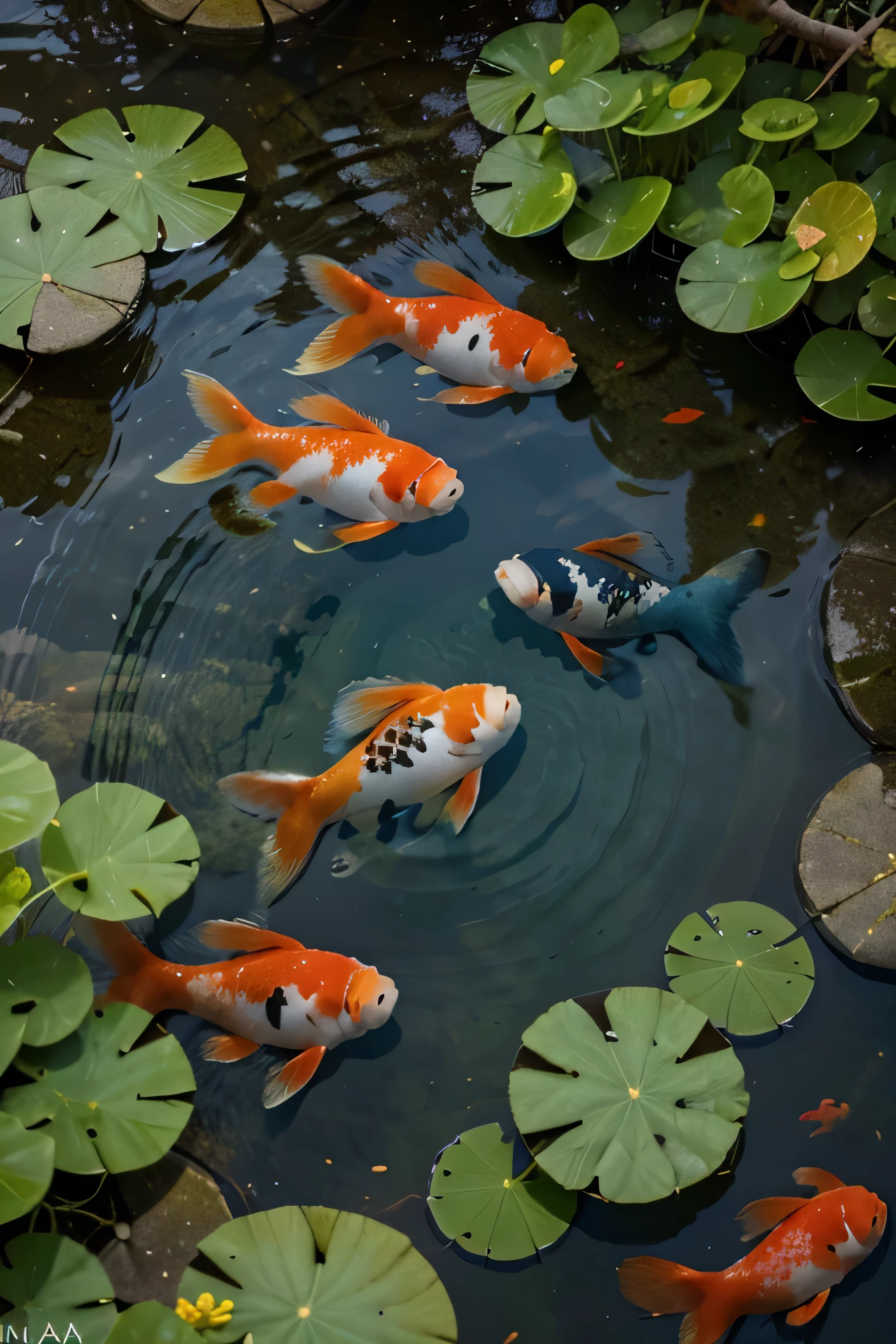 a lot of different colored kujaku koi fish swimming in a body of water in pond with light sky blue background and the style of cross processing, realistic depiction of light, wide angle lens, red and gold, national geographic photo, nature-inspired imagery top view 4k realistic
