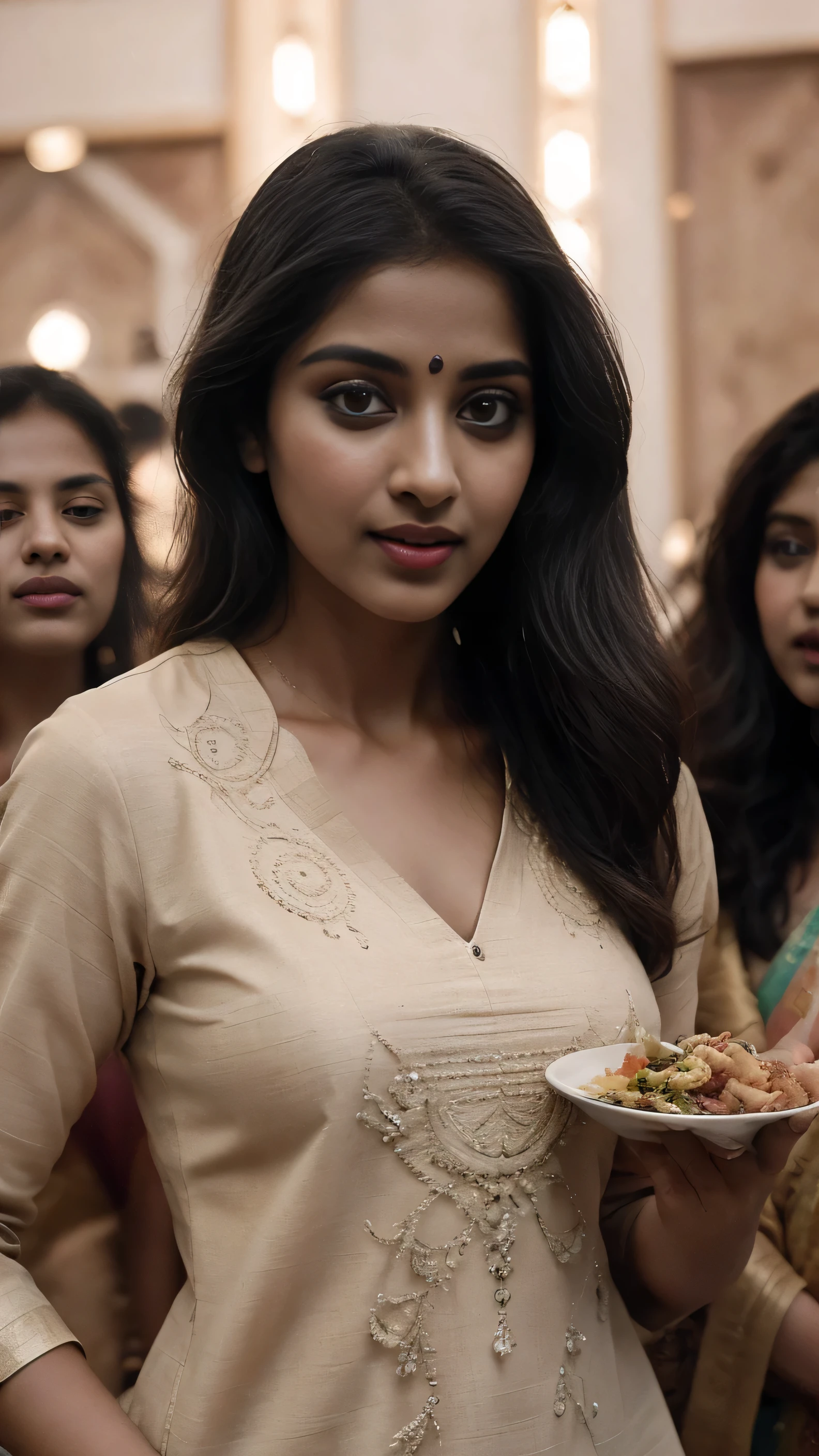 A charming Indian woman with her friends of incomparable beauty is captured in a full-body. She is wearing Kurta Beauty, gorgeous. she enjoying food with her friends. To capture this extraordinary scene, a high-resolution camera such as the Phase One XF IQ4 150MP is required. The lighting is diffused and natural, minimizing harsh shadows. The camera settings include a medium aperture, adjusted shutter speed, and a high-quality wide-angle lens with a focal length of approximately 35mm to capture the entire scene in an immersive way. Sharp, precise details are captured, from her wavy hair to the complex patterns of her clothing, ensuring a natural and stunning image.