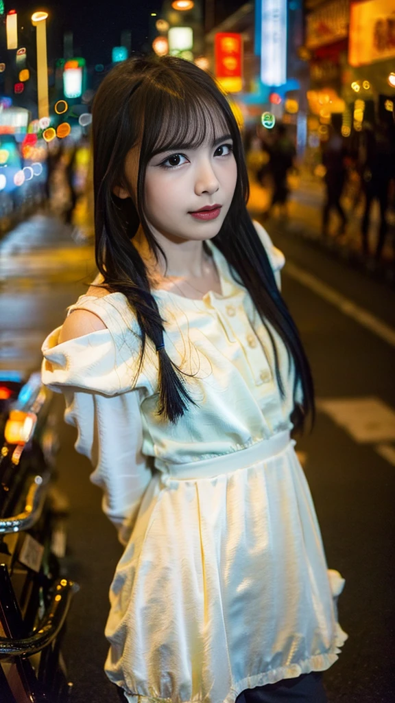 Masterpiece, (best quality:1.4), ultra high res, art photography, professional color grading, depth of fields, 50mm, film grain, (photorealistic:1.4), cinematic lighting, chromatic abberation, 1girl, wearing dress, detailed face, detailed eyes, lookingto the camera, front view, cowboy shot, Hong Kong street background, night, city light, blurry background