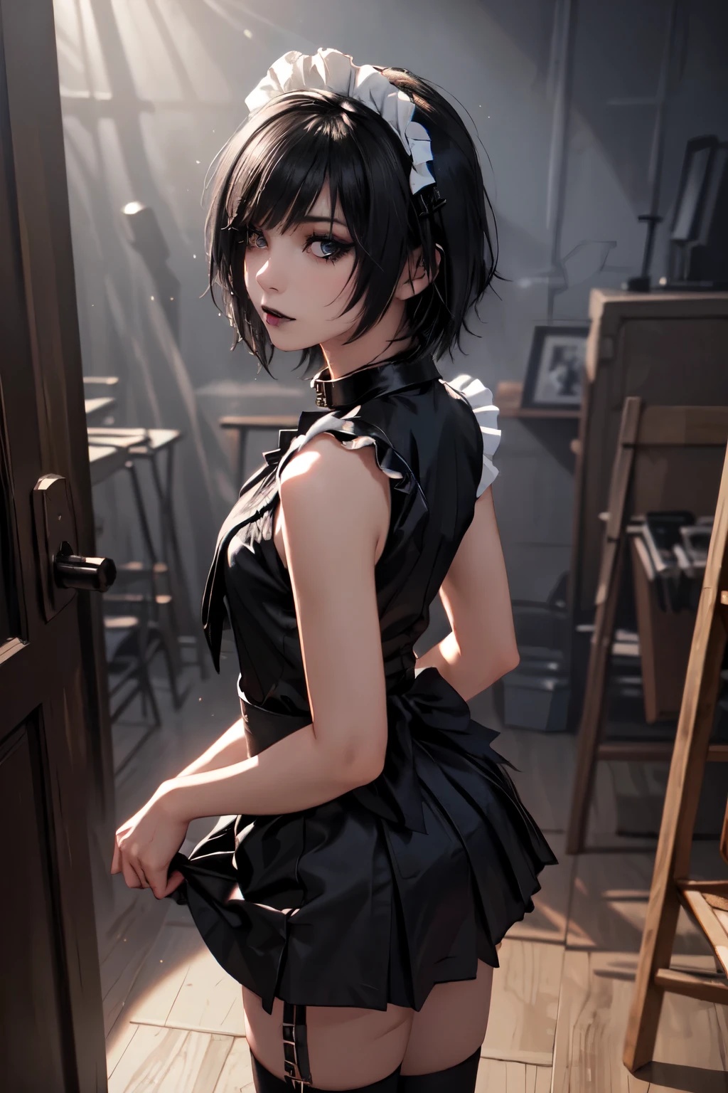 1girl, woman, emo_hairstyle, black lipstick, dog collar, eyeliner, eye shadow, smoky eyes, realistic lighting, short hair, maid outfit, short skirt, high fantasy, standing up, sleeveless.