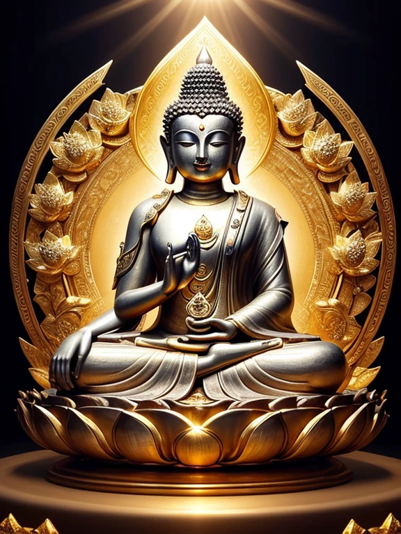 (Buddhist paradise、Gold Dust、Silver、Ruri、agate、Several large crystals)、Kannon Bodhisattva、Amitabha is coming、Detailed eyes、Detailed face、Detailed nose、Detailed ears、Golden aura shining、白Silver色の明るい世界、Seated on a lotus pedestal、Official artwork、(masterpiece、highest quality、High resolution、8k)、The composition is excellent、