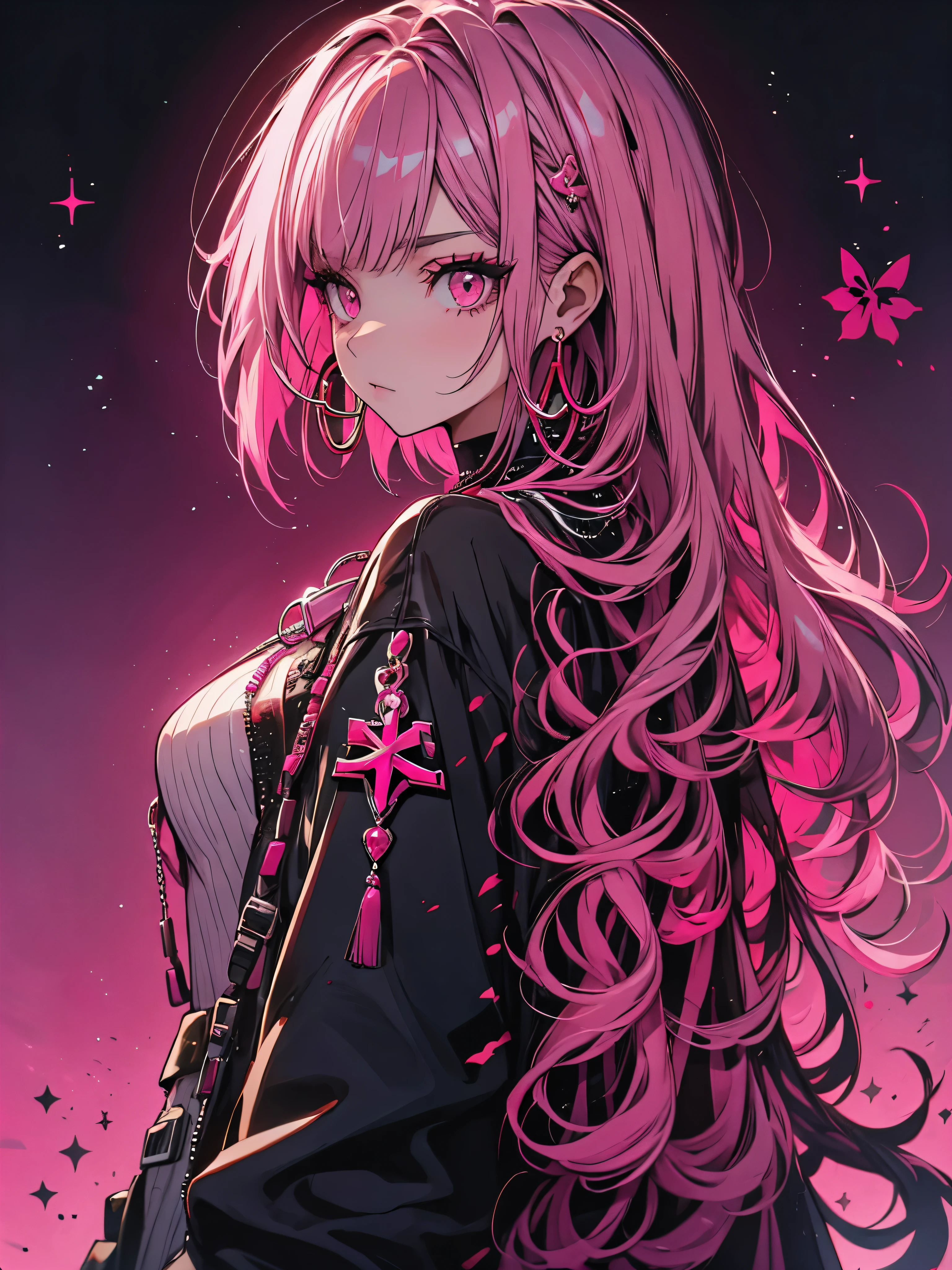 red stream, 1 girl, alone, Long Hair, Looking at the audience, White Background, jewelry, Mouth closed, Jacket, Upper Body, Pink Hair, Earrings, Pink Eyes, necklace, From the side, sweater, eyelash, Compensate, short hair, Earrings, cross, ear Earrings, eye shadow, hoop Earrings, variegated hair, Pink Theme, , pink eye shadow
