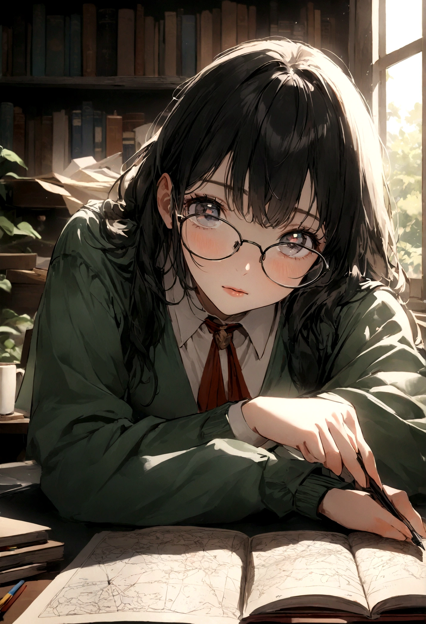 A girl studies to death to achieve her goal,Dream University,(best quality,4k,8K,high resolution,masterpiece:1.2),Extremely detailed,(Practical,photoPractical,photo-Practical:1.37),portrait,student,woman,Beautiful and delicate eyes,Beautiful and delicate lips,Determine the expression,Study in the library,There are piles of books and notebooks all around.,wear glasses,Holding a pen,A focused look,Notes and highlighters on the table,Coffee cup with steam,Ivy League atmosphere,Bookshelves filled with academic books,Wooden study table,Soft natural lighting,Sunlight shines in through the windows,Calm and peaceful atmosphere,Bright colors,Decorative plants,Inspirational quotes on the wall,Quiet and peaceful environment,Green trees outside the window,The walls are covered with inspiring pictures and maps,Textbooks of various subjects,The dreamy look in her eyes,Hardworking and dedicated,Overcome challenges,Strive for success,Take an online course,Late Night Study Courses,Focused and motivated,intellectual atmosphere.